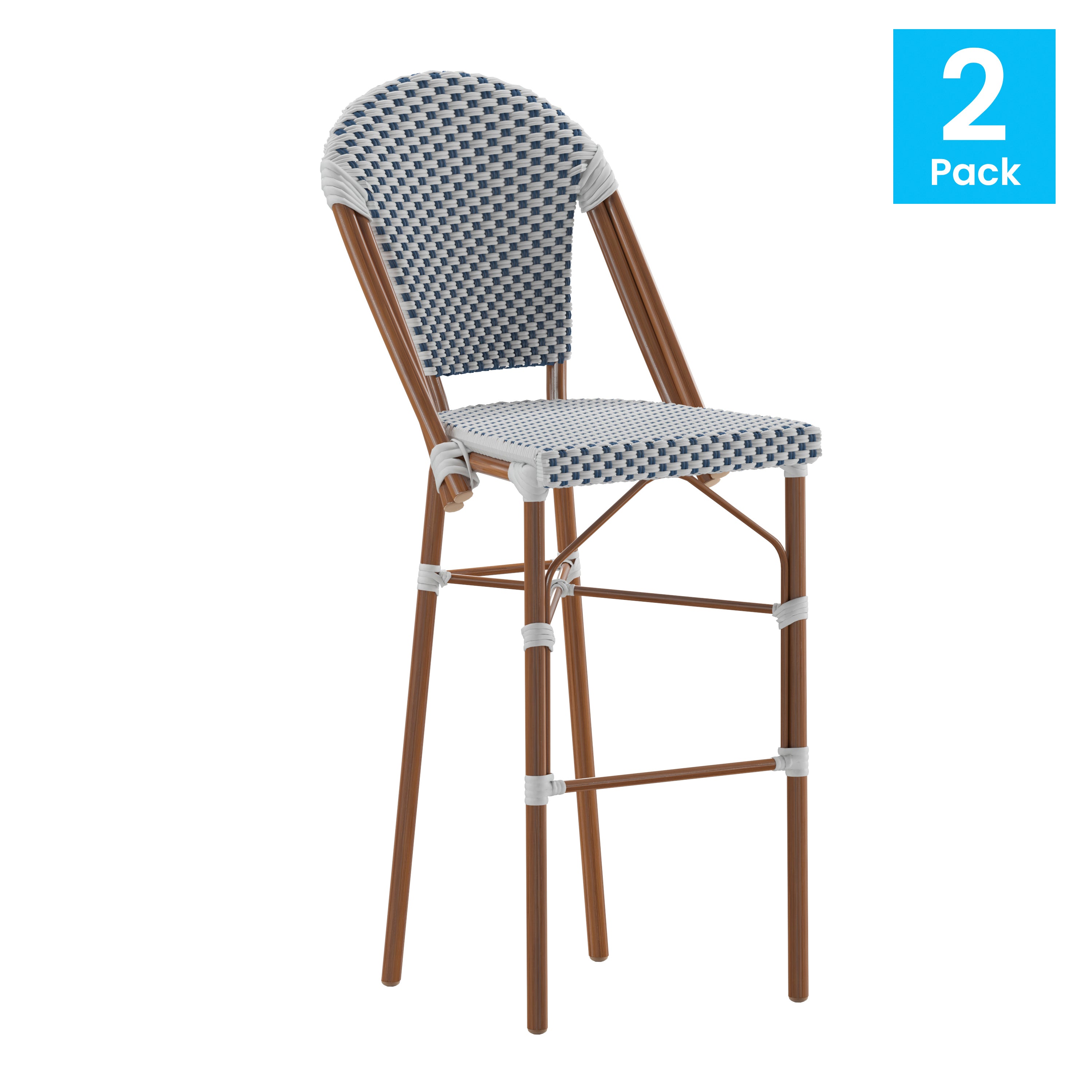 Lourdes Set of 2 Stackable Indoor/Outdoor Bistro 30" High Barstools, Commercial Grade, White/Navy and Bamboo Finish