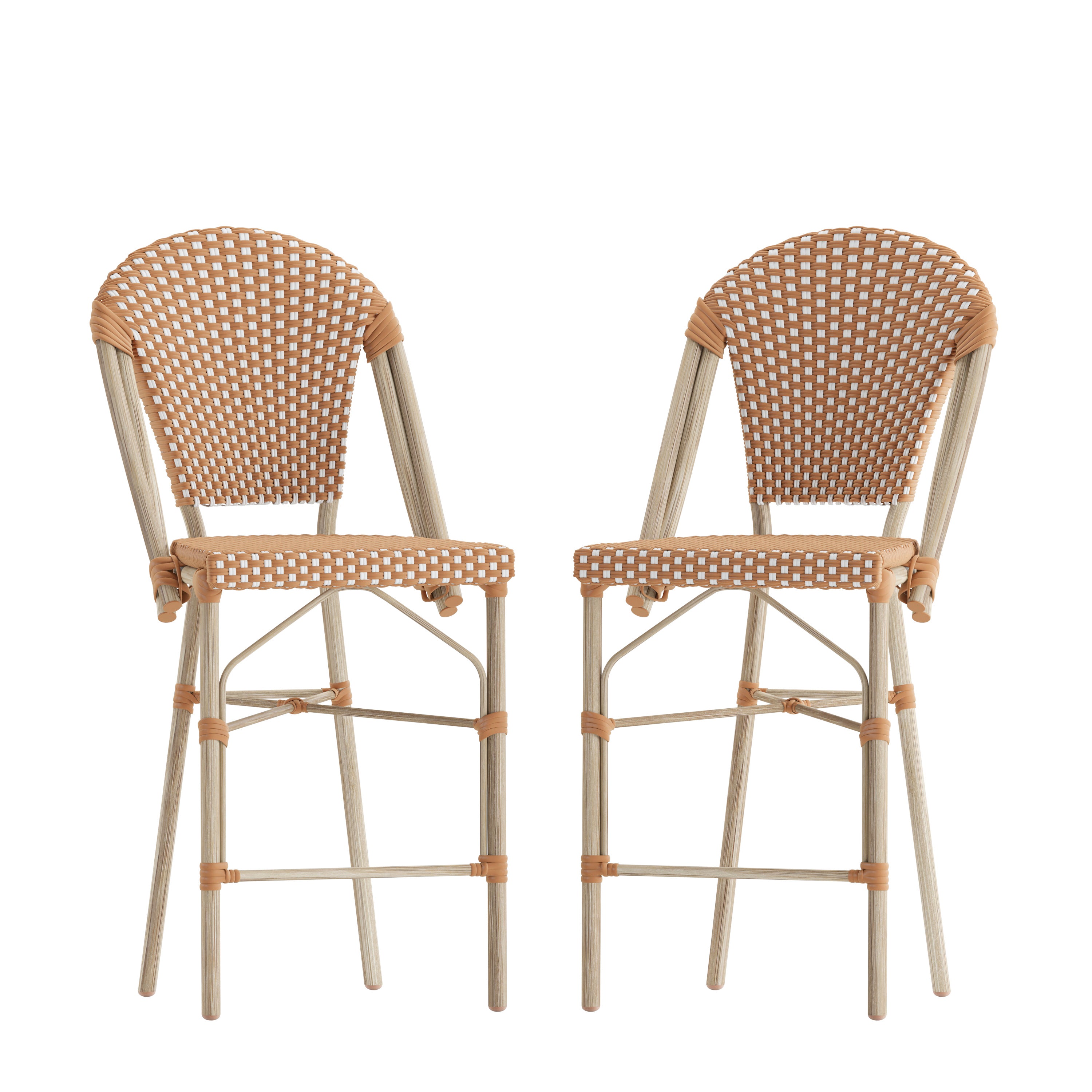 Lourdes Set of 2 Stackable Indoor/Outdoor Bistro 26" High Counter Height Stools, Commercial Grade, Natural/White and Light Natural Finish