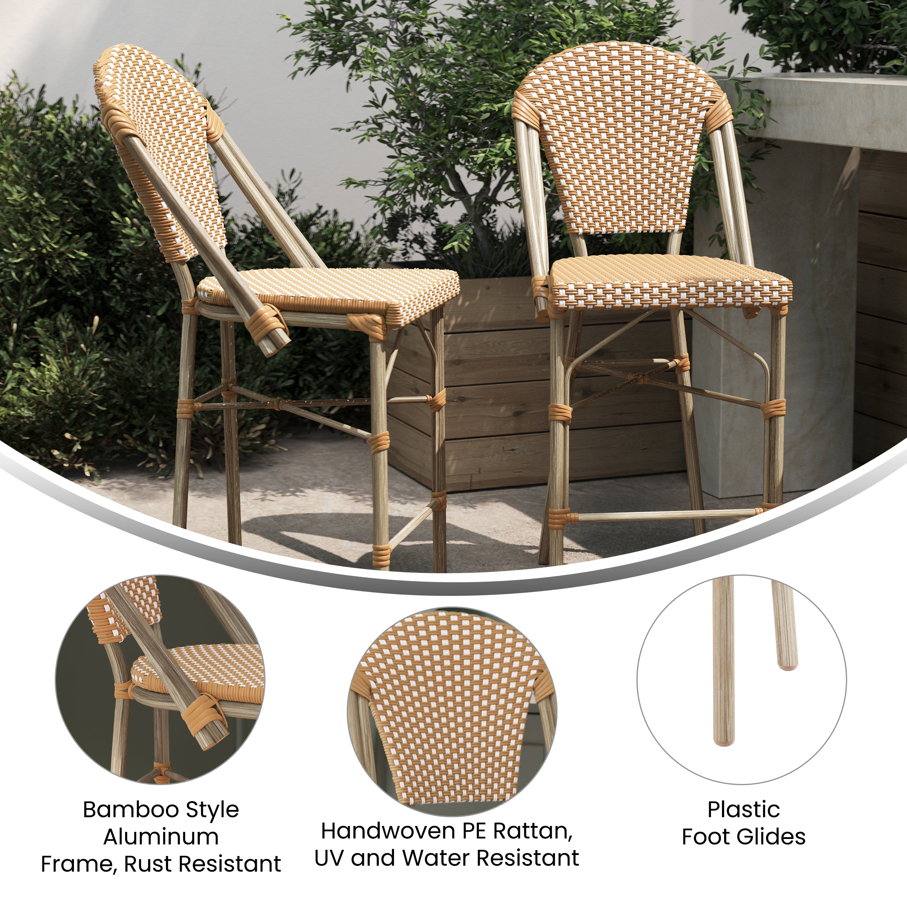 Lourdes Set of 2 Stackable Indoor/Outdoor Bistro 26" High Counter Height Stools, Commercial Grade, Natural/White and Light Natural Finish