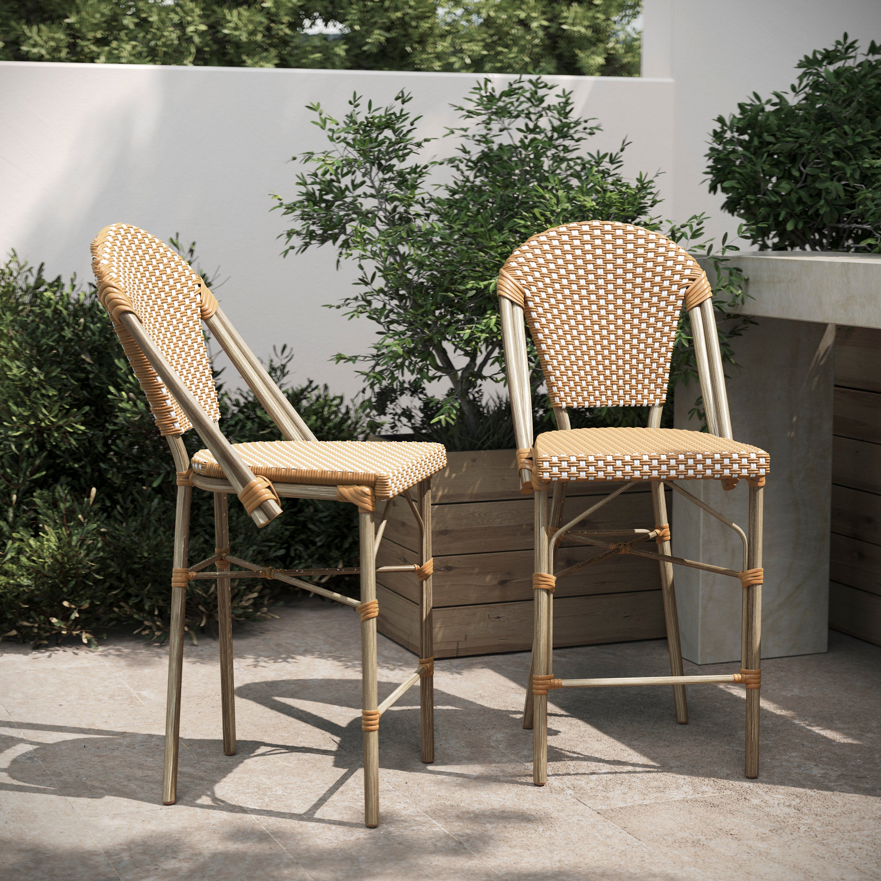 Lourdes Set of 2 Stackable Indoor/Outdoor Bistro 26" High Counter Height Stools, Commercial Grade, Natural/White and Light Natural Finish