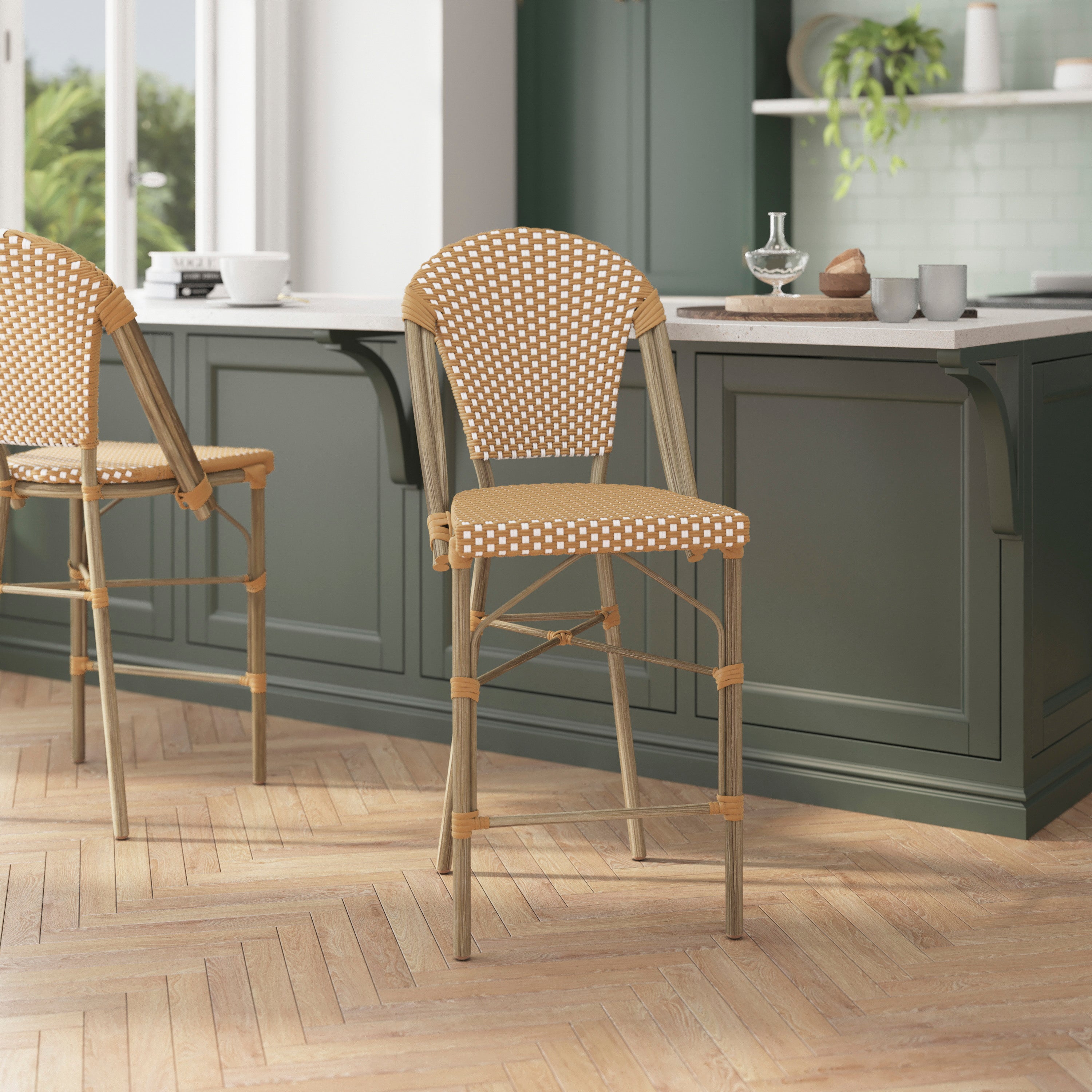 Lourdes Set of 2 Stackable Indoor/Outdoor Bistro 26" High Counter Height Stools, Commercial Grade, Natural/White and Light Natural Finish