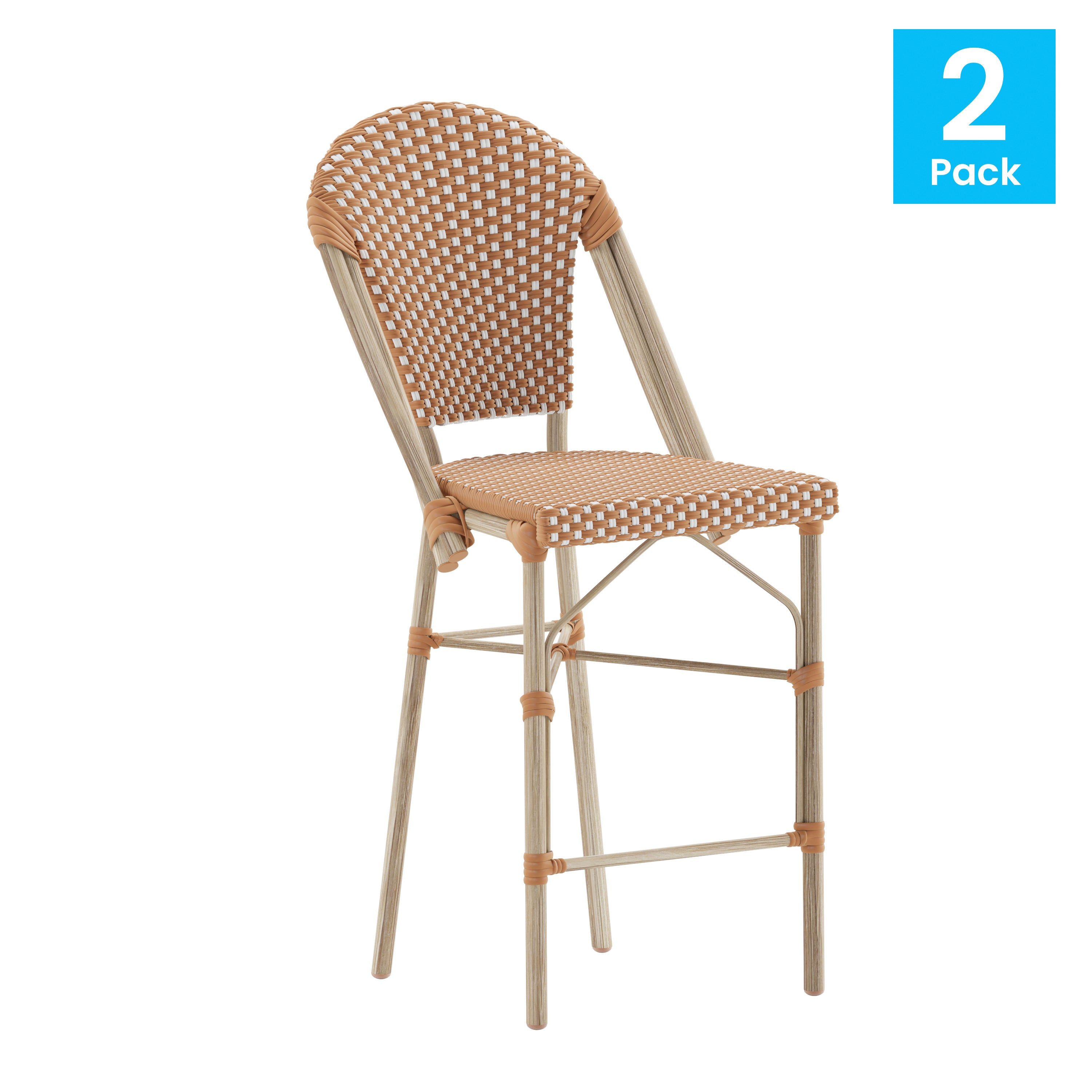 Lourdes Set of 2 Stackable Indoor/Outdoor Bistro 26" High Counter Height Stools, Commercial Grade, Natural/White and Light Natural Finish