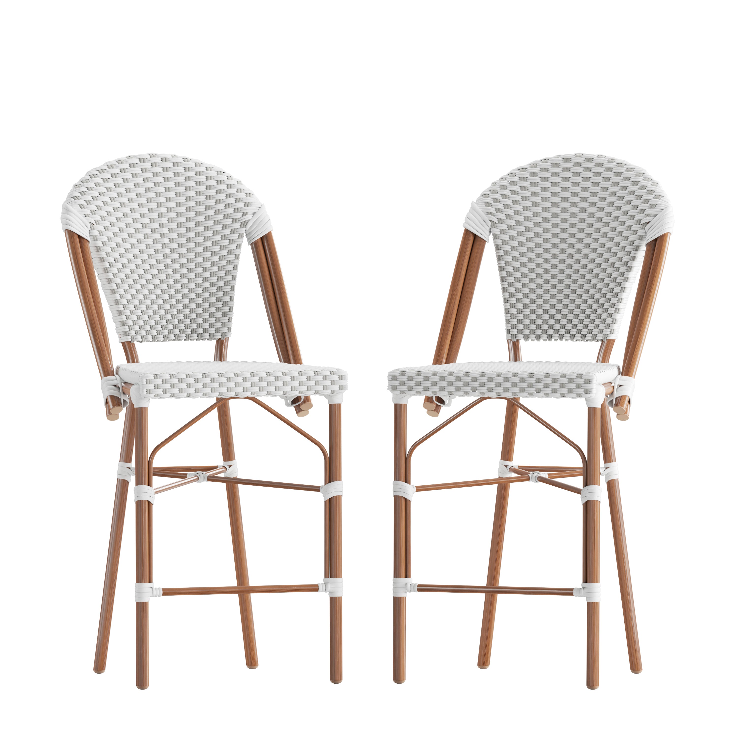 Lourdes Set of 2 Stackable Indoor/Outdoor Bistro 26" High Counter Height Stools, Commercial Grade, White/Gray and Bamboo Finish