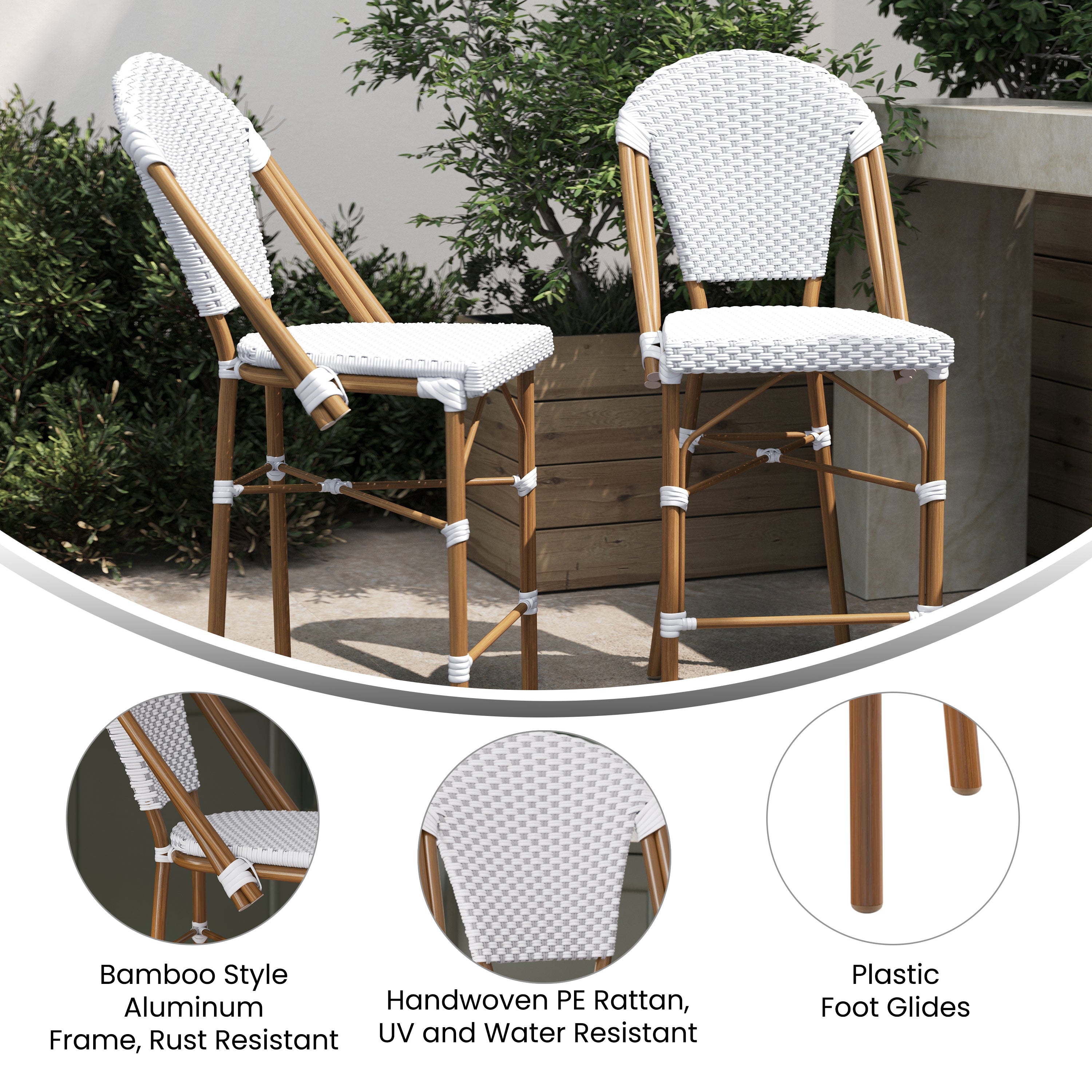 Lourdes Set of 2 Stackable Indoor/Outdoor Bistro 26" High Counter Height Stools, Commercial Grade, White/Gray and Bamboo Finish