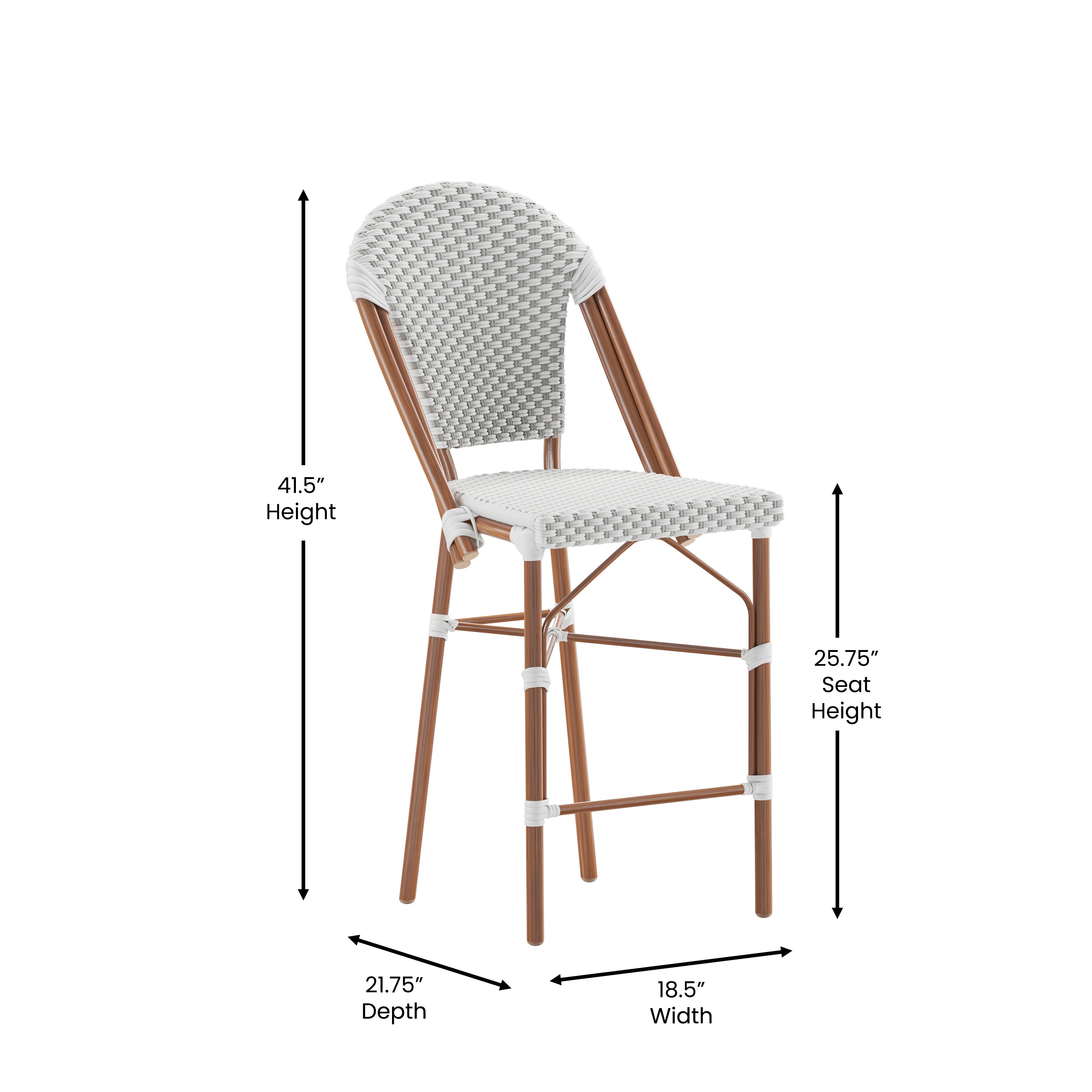 Lourdes Set of 2 Stackable Indoor/Outdoor Bistro 26" High Counter Height Stools, Commercial Grade, White/Gray and Bamboo Finish
