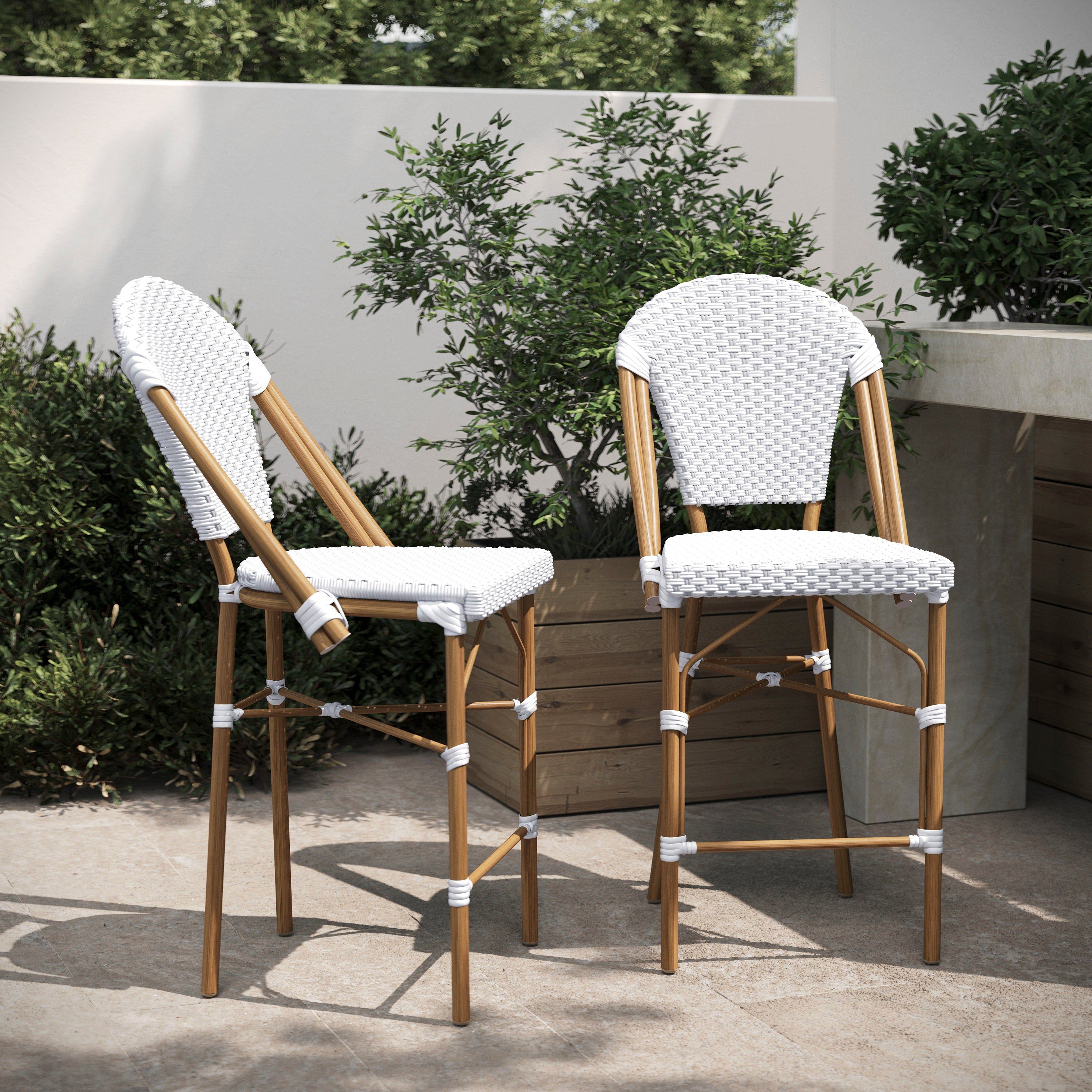 Lourdes Set of 2 Stackable Indoor/Outdoor Bistro 26" High Counter Height Stools, Commercial Grade, White/Gray and Bamboo Finish