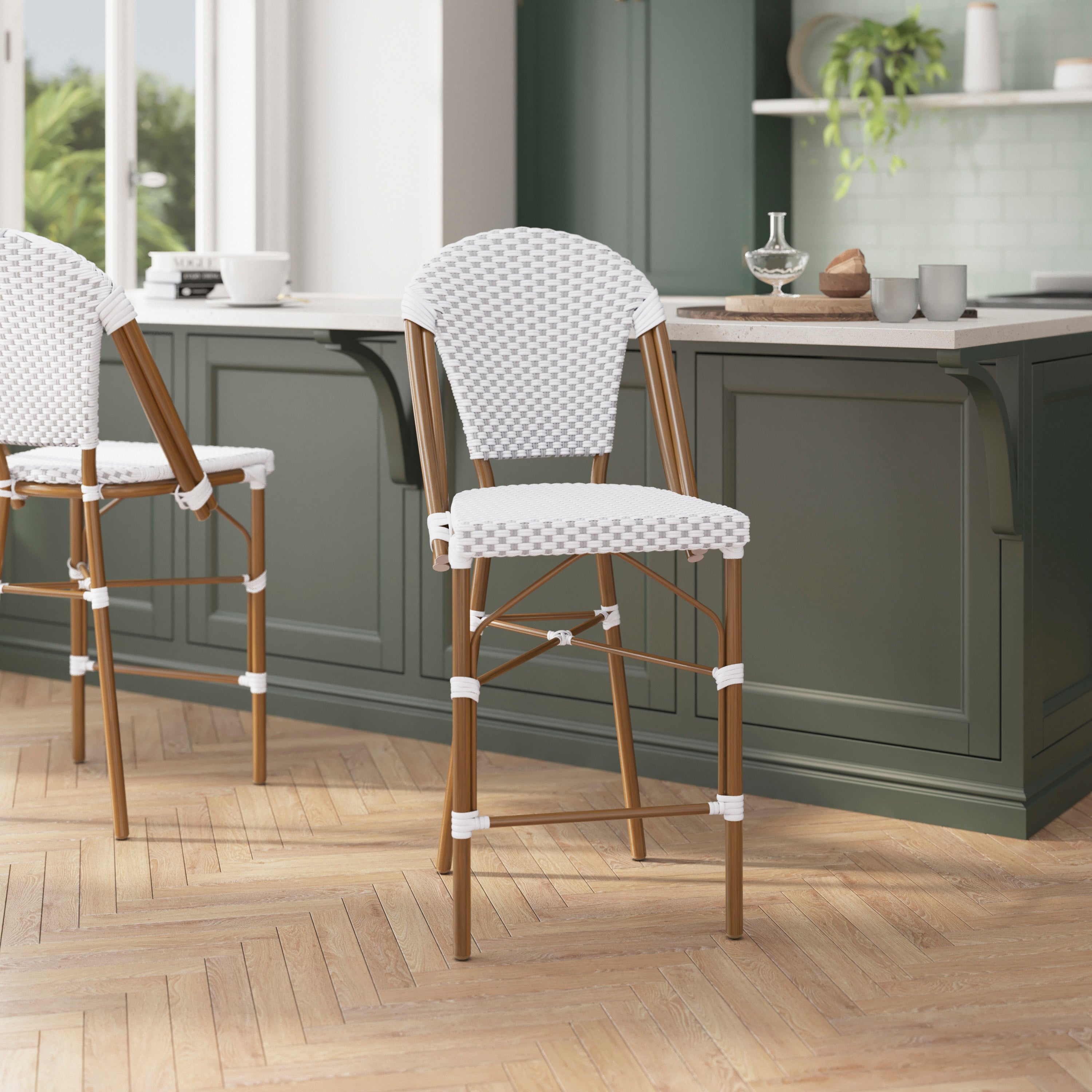 Lourdes Set of 2 Stackable Indoor/Outdoor Bistro 26" High Counter Height Stools, Commercial Grade, White/Gray and Bamboo Finish