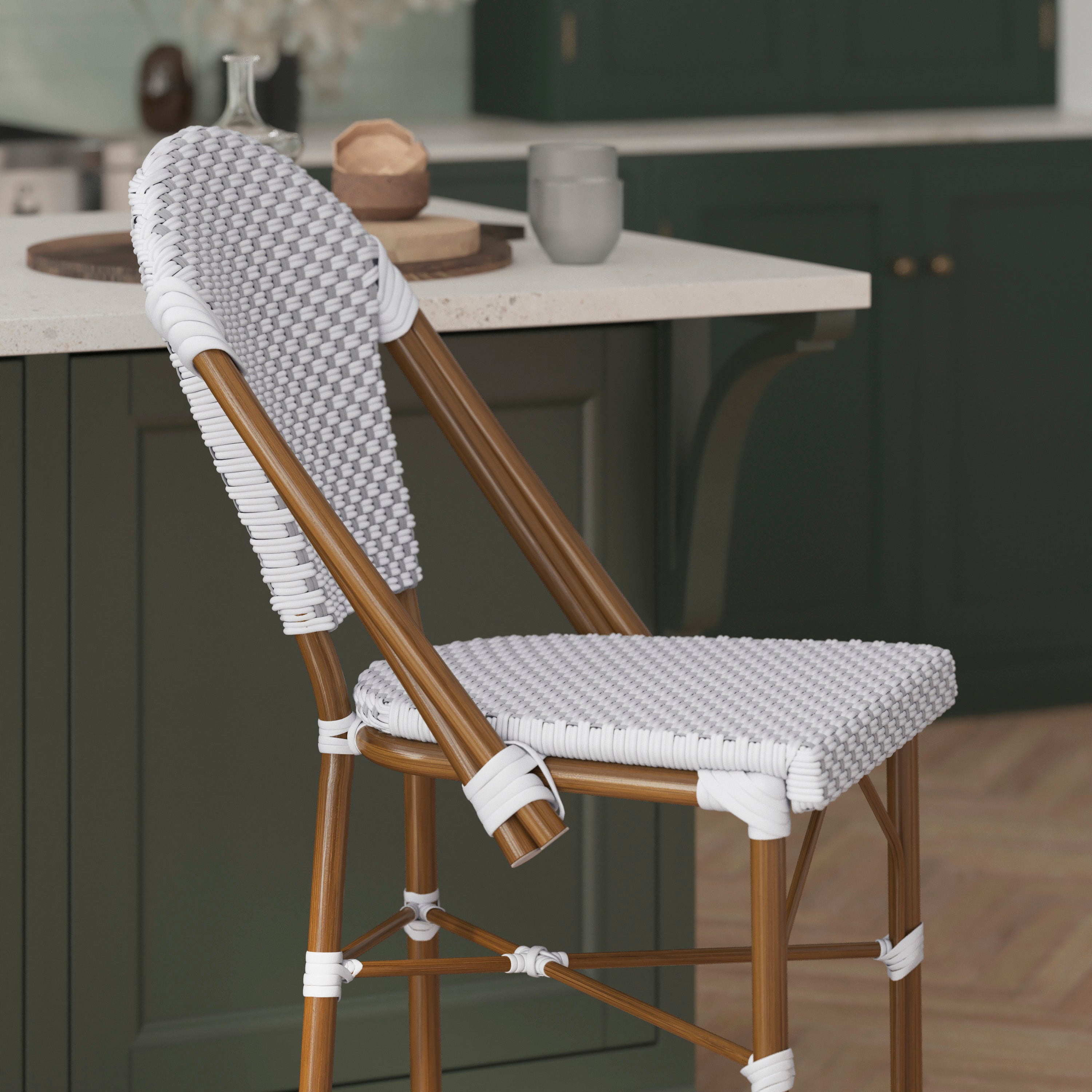 Lourdes Set of 2 Stackable Indoor/Outdoor Bistro 26" High Counter Height Stools, Commercial Grade, White/Gray and Bamboo Finish
