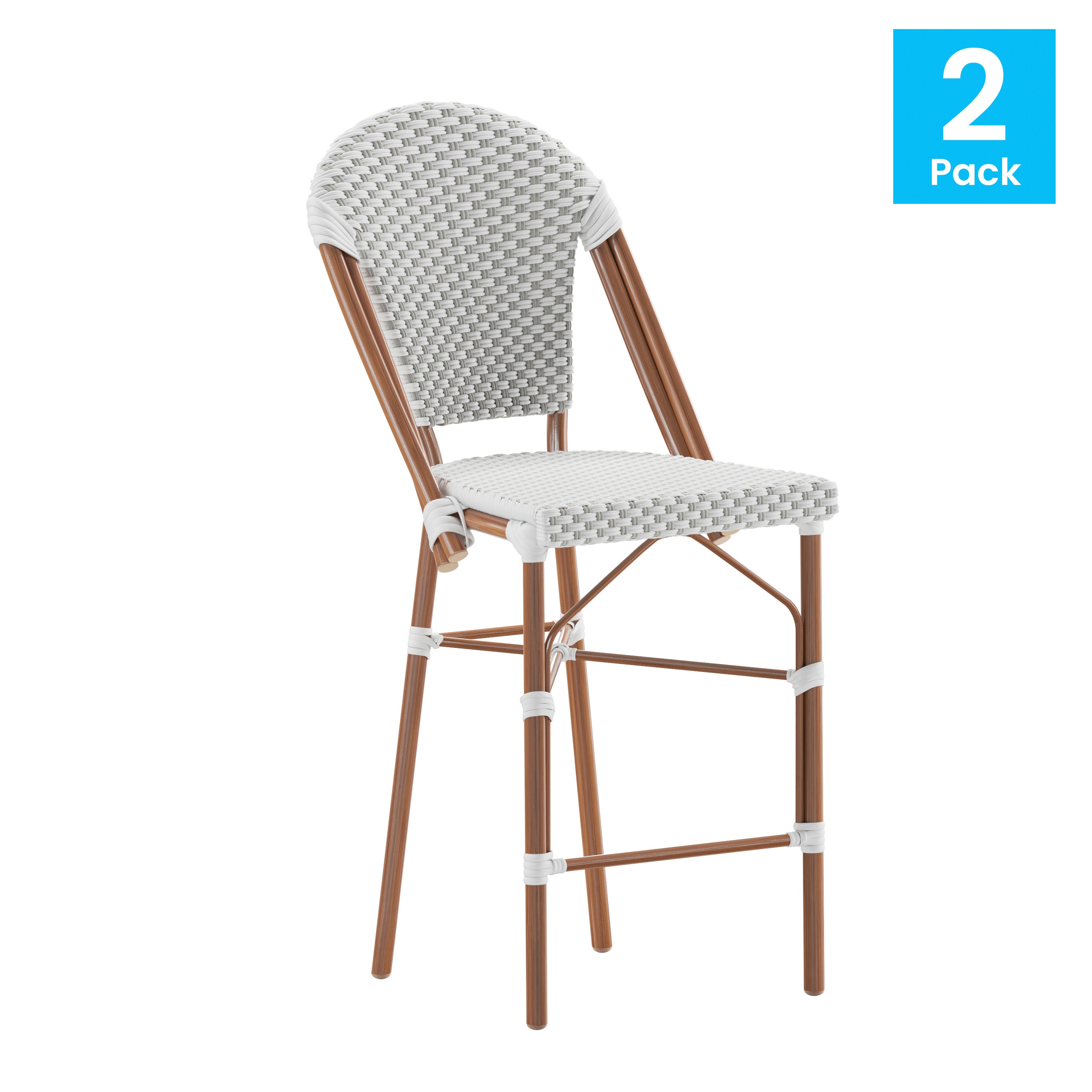 Lourdes Set of 2 Stackable Indoor/Outdoor Bistro 26" High Counter Height Stools, Commercial Grade, White/Gray and Bamboo Finish