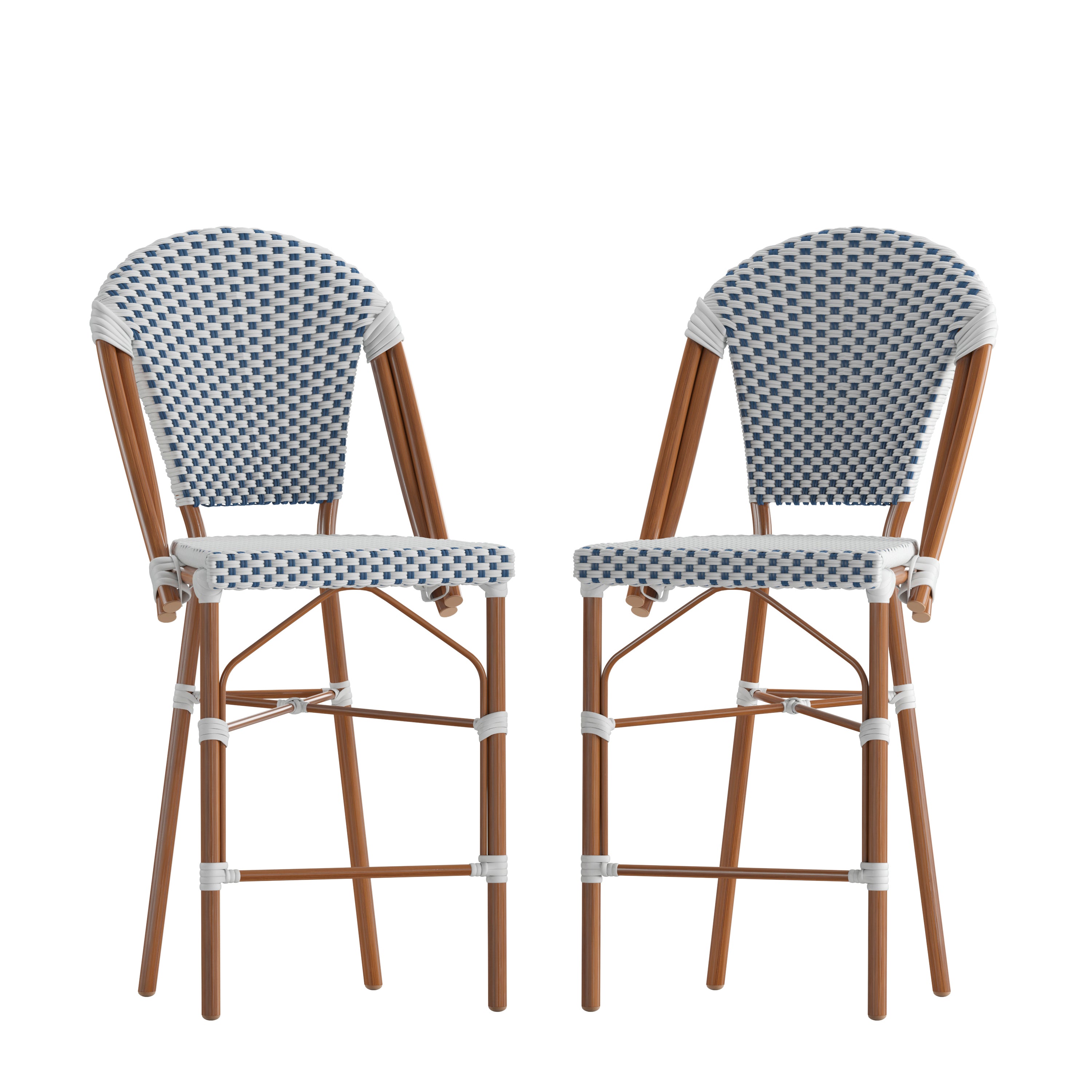 Lourdes Set of 2 Stackable Indoor/Outdoor Bistro 26" High Counter Height Stools, Commercial Grade, White/Navy and Bamboo Finish