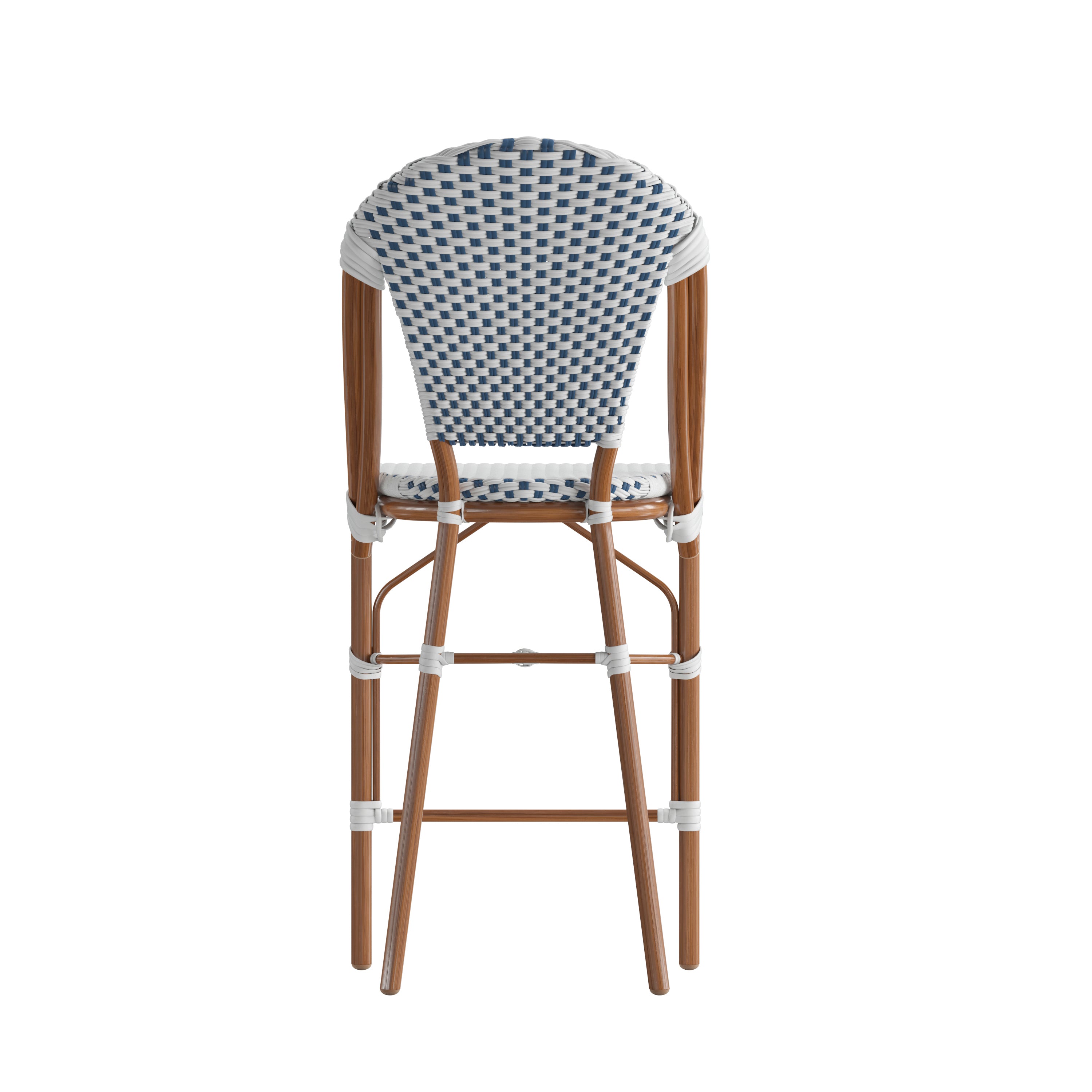 Lourdes Set of 2 Stackable Indoor/Outdoor Bistro 26" High Counter Height Stools, Commercial Grade, White/Navy and Bamboo Finish