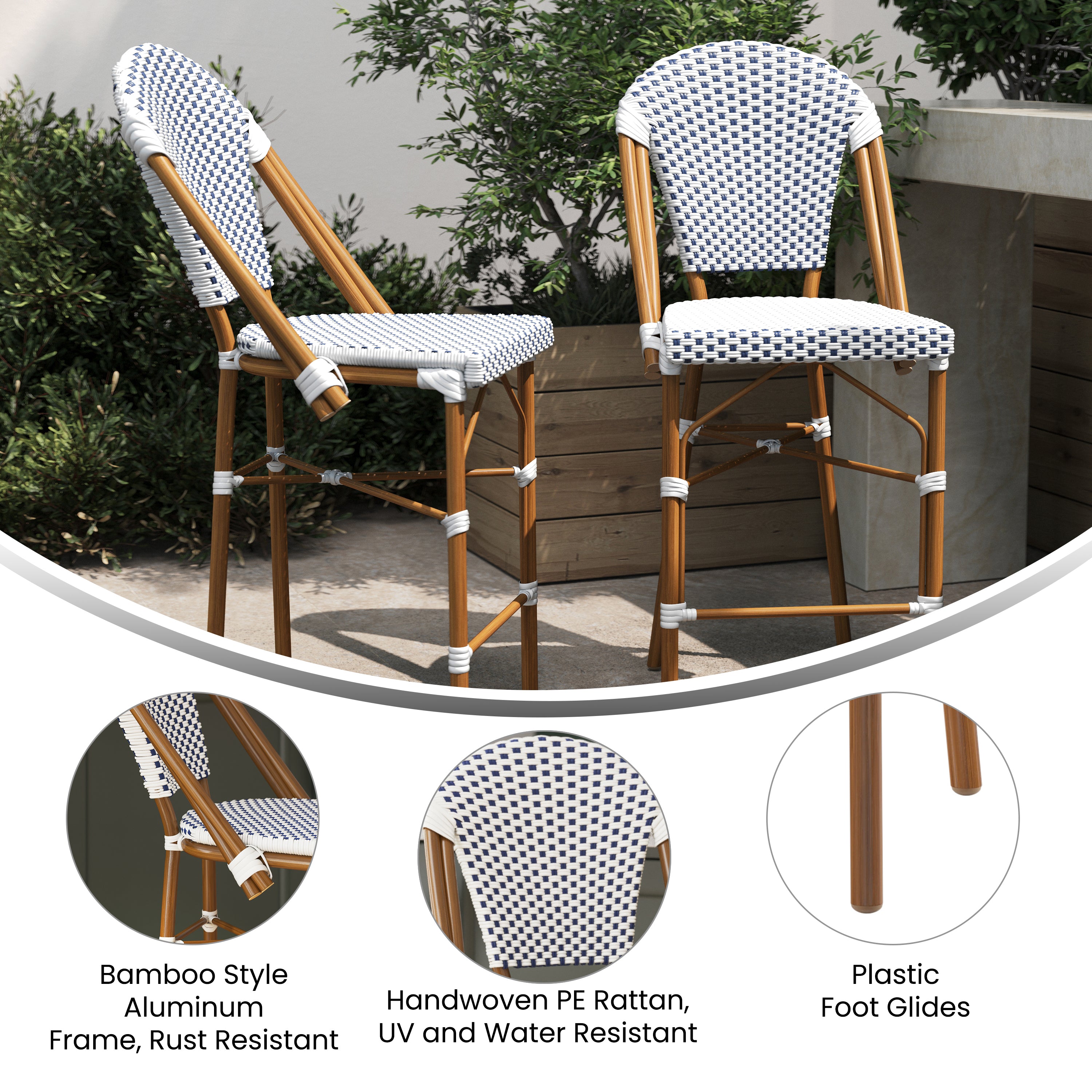 Lourdes Set of 2 Stackable Indoor/Outdoor Bistro 26" High Counter Height Stools, Commercial Grade, White/Navy and Bamboo Finish