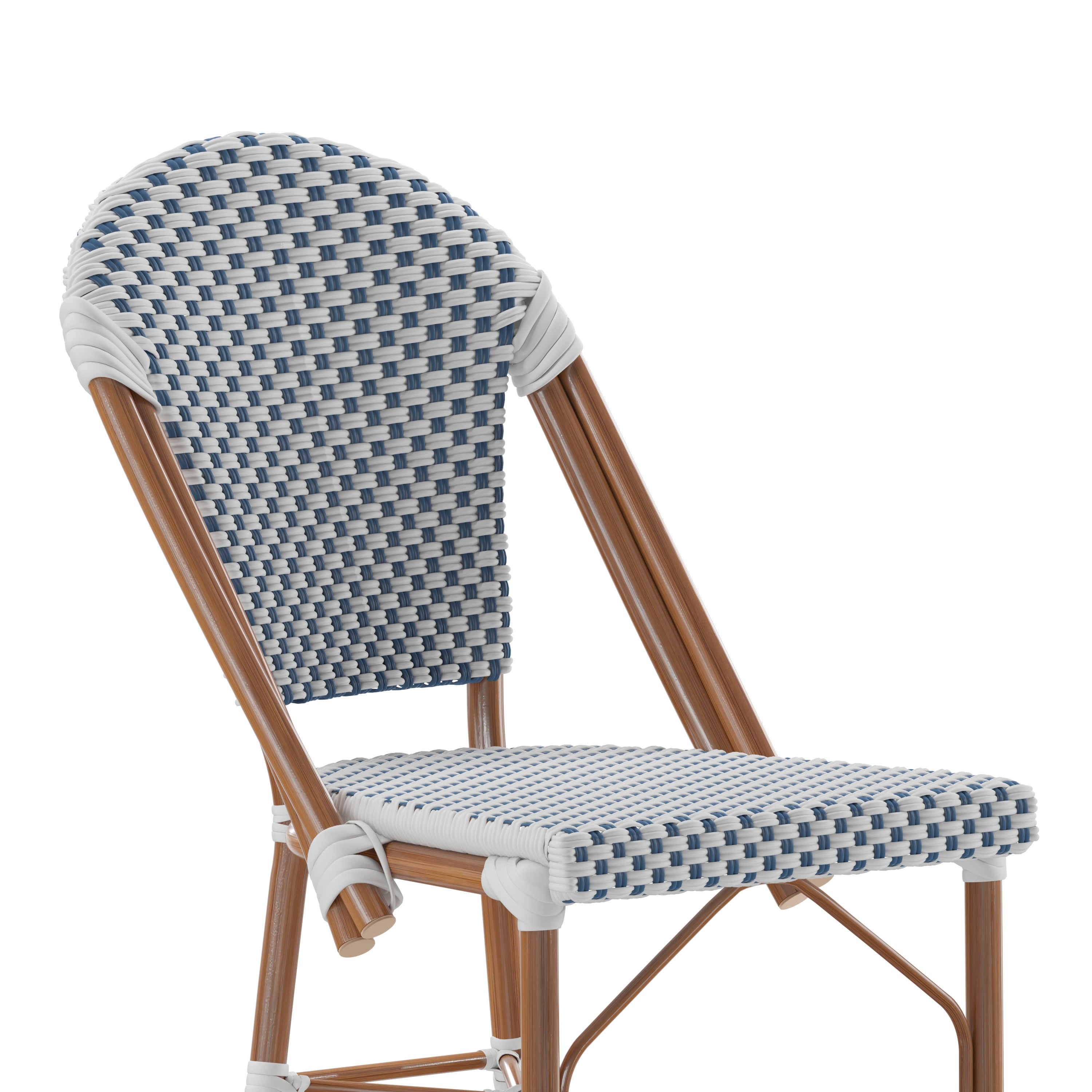 Lourdes Set of 2 Stackable Indoor/Outdoor Bistro 26" High Counter Height Stools, Commercial Grade, White/Navy and Bamboo Finish