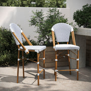 Lourdes Set of 2 Stackable Indoor/Outdoor Bistro 26" High Counter Height Stools, Commercial Grade, White/Navy and Bamboo Finish