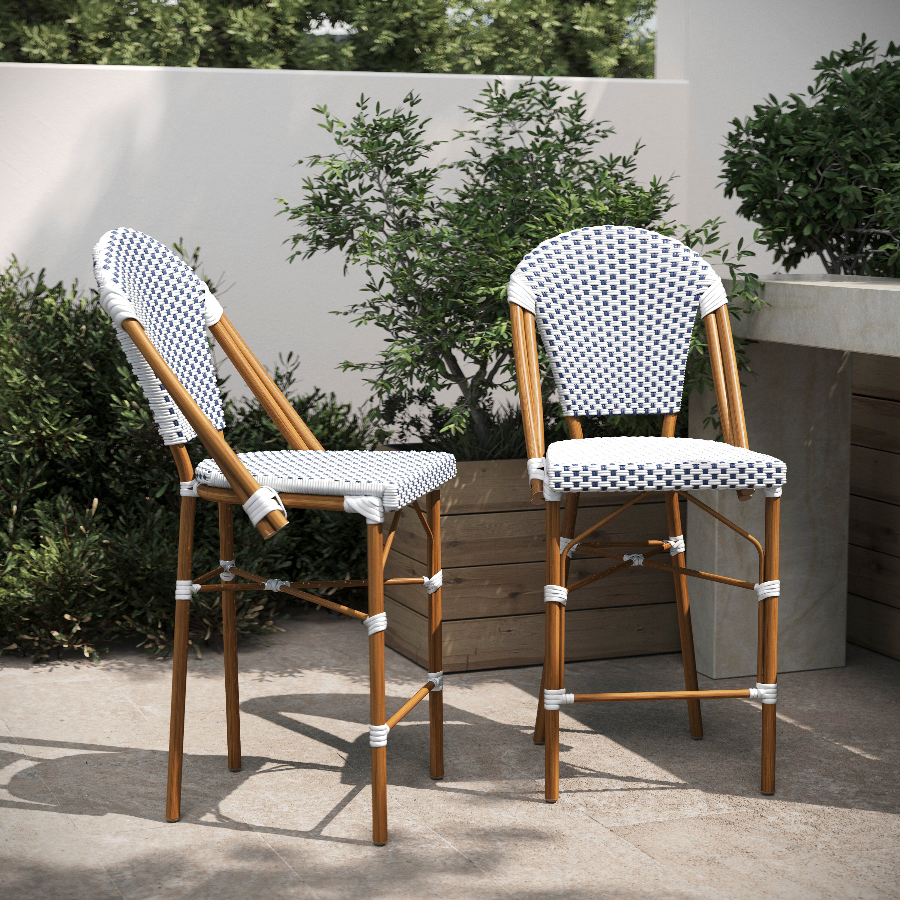 Lourdes Set of 2 Stackable Indoor/Outdoor Bistro 26" High Counter Height Stools, Commercial Grade, White/Navy and Bamboo Finish