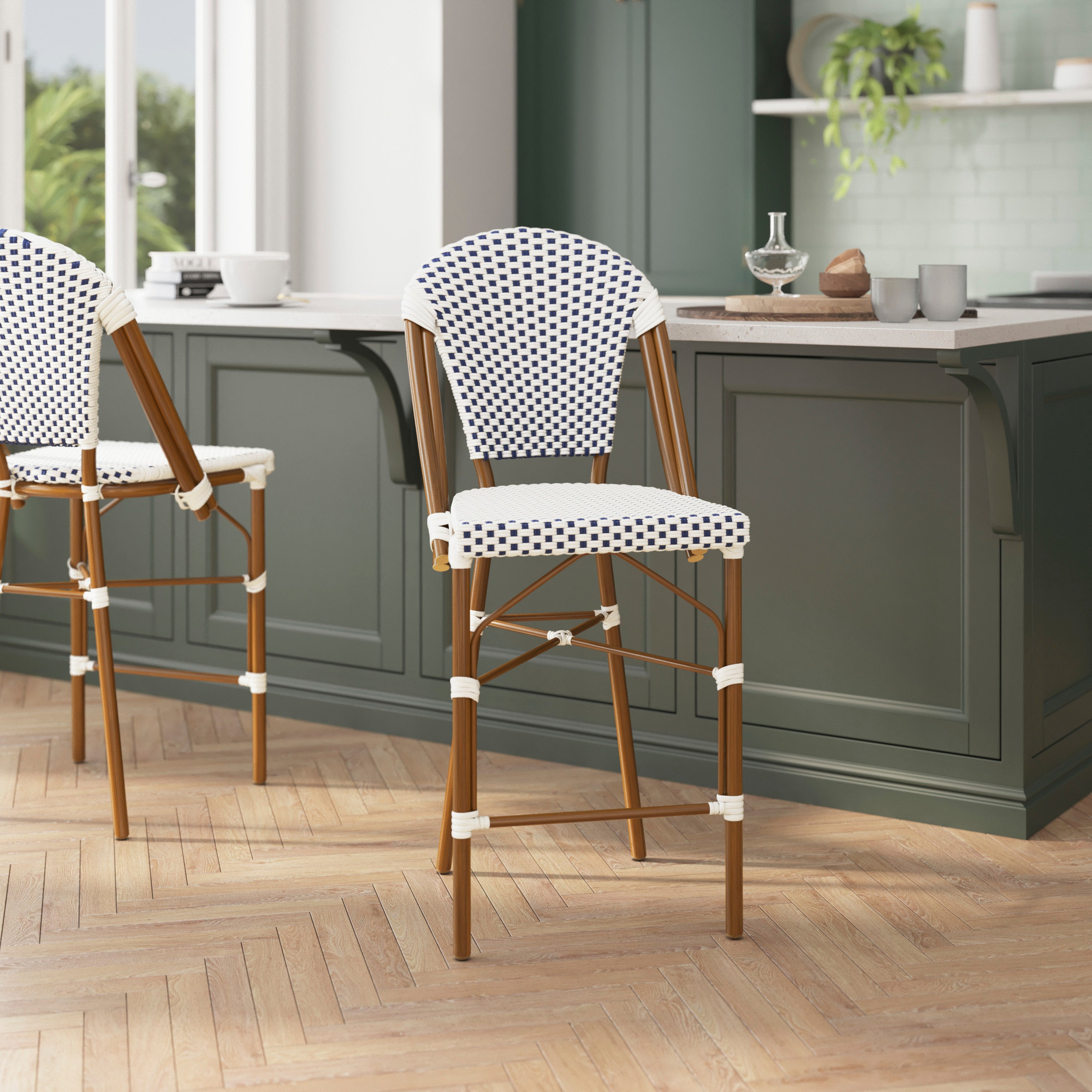 Lourdes Set of 2 Stackable Indoor/Outdoor Bistro 26" High Counter Height Stools, Commercial Grade, White/Navy and Bamboo Finish