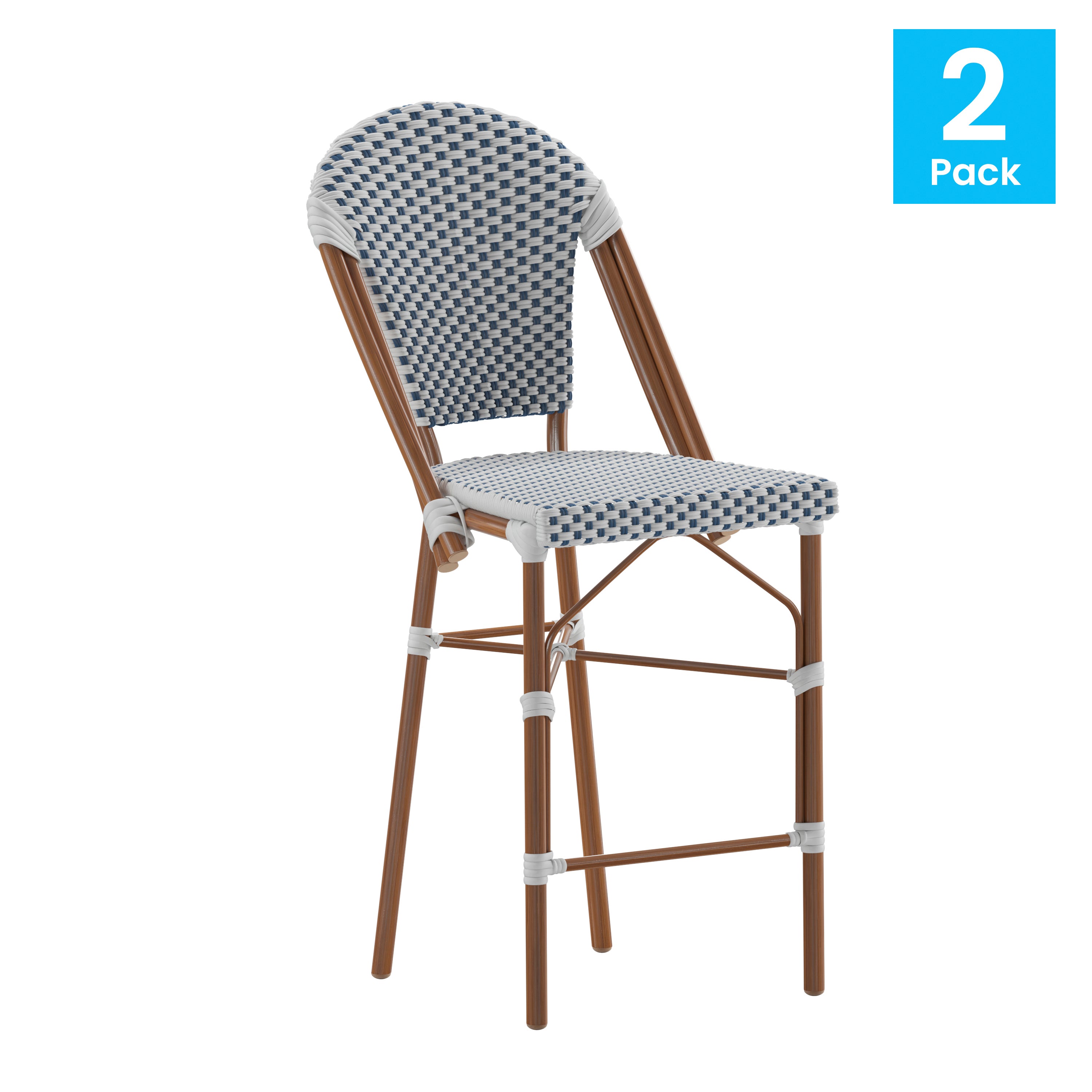 Lourdes Set of 2 Stackable Indoor/Outdoor Bistro 26" High Counter Height Stools, Commercial Grade, White/Navy and Bamboo Finish