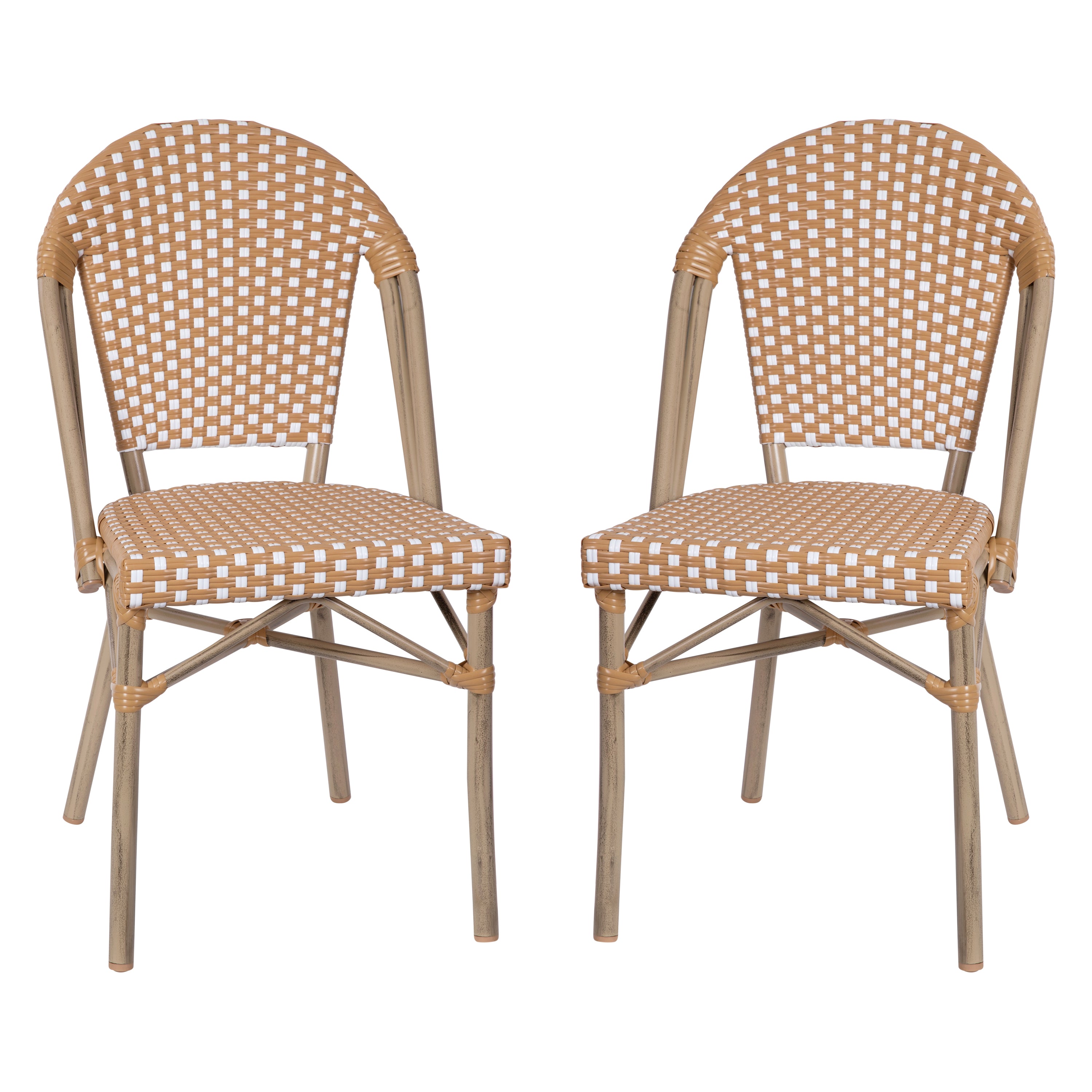 Lourdes Set of 2 Indoor/Outdoor Commercial Bistro Stack Chairs, Natural/White PE Rattan Back & Seat, Bamboo Print Light Natural Aluminum Frame