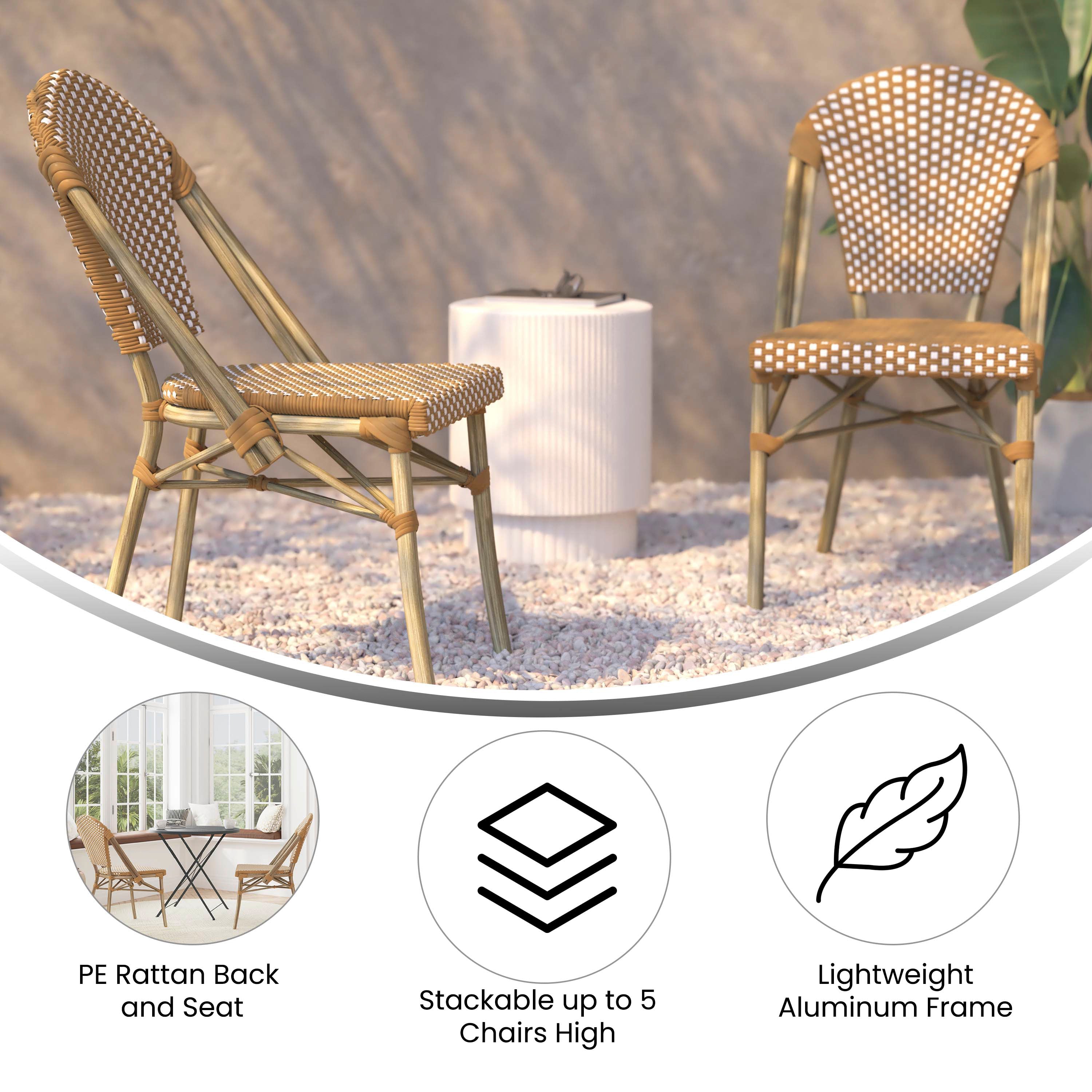 Lourdes Set of 2 Indoor/Outdoor Commercial Bistro Stack Chairs, Natural/White PE Rattan Back & Seat, Bamboo Print Light Natural Aluminum Frame