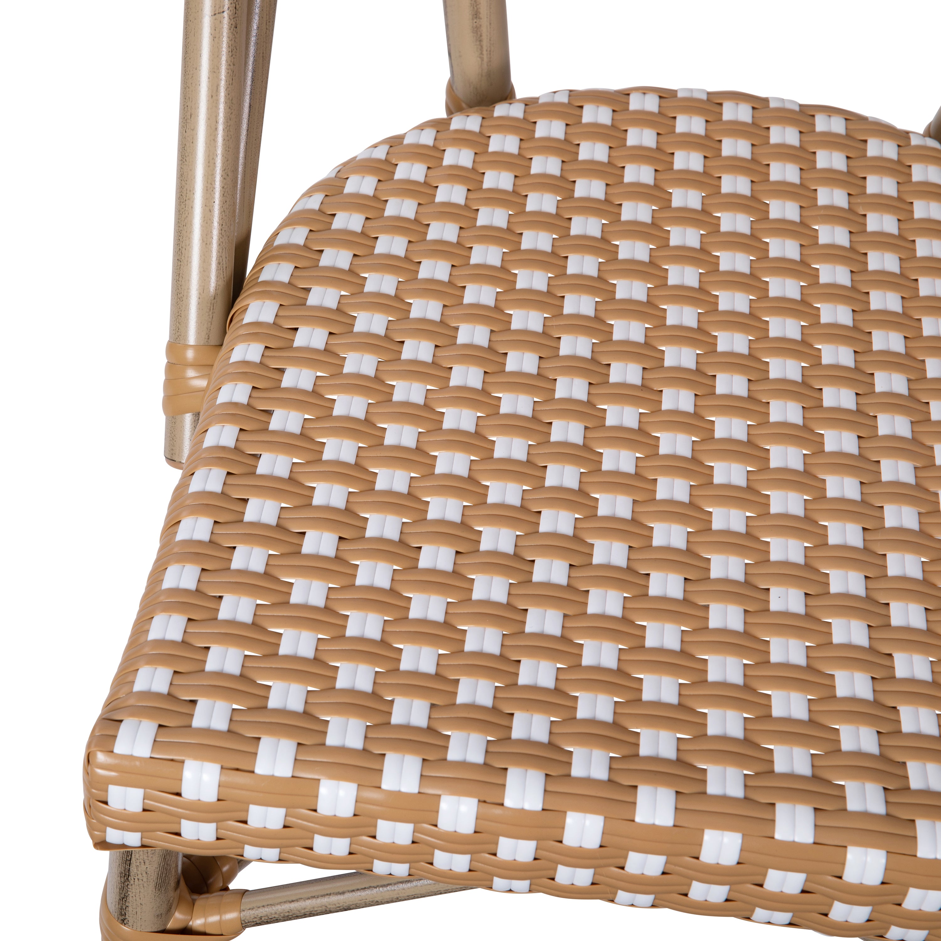 Lourdes Set of 2 Indoor/Outdoor Commercial Bistro Stack Chairs, Natural/White PE Rattan Back & Seat, Bamboo Print Light Natural Aluminum Frame