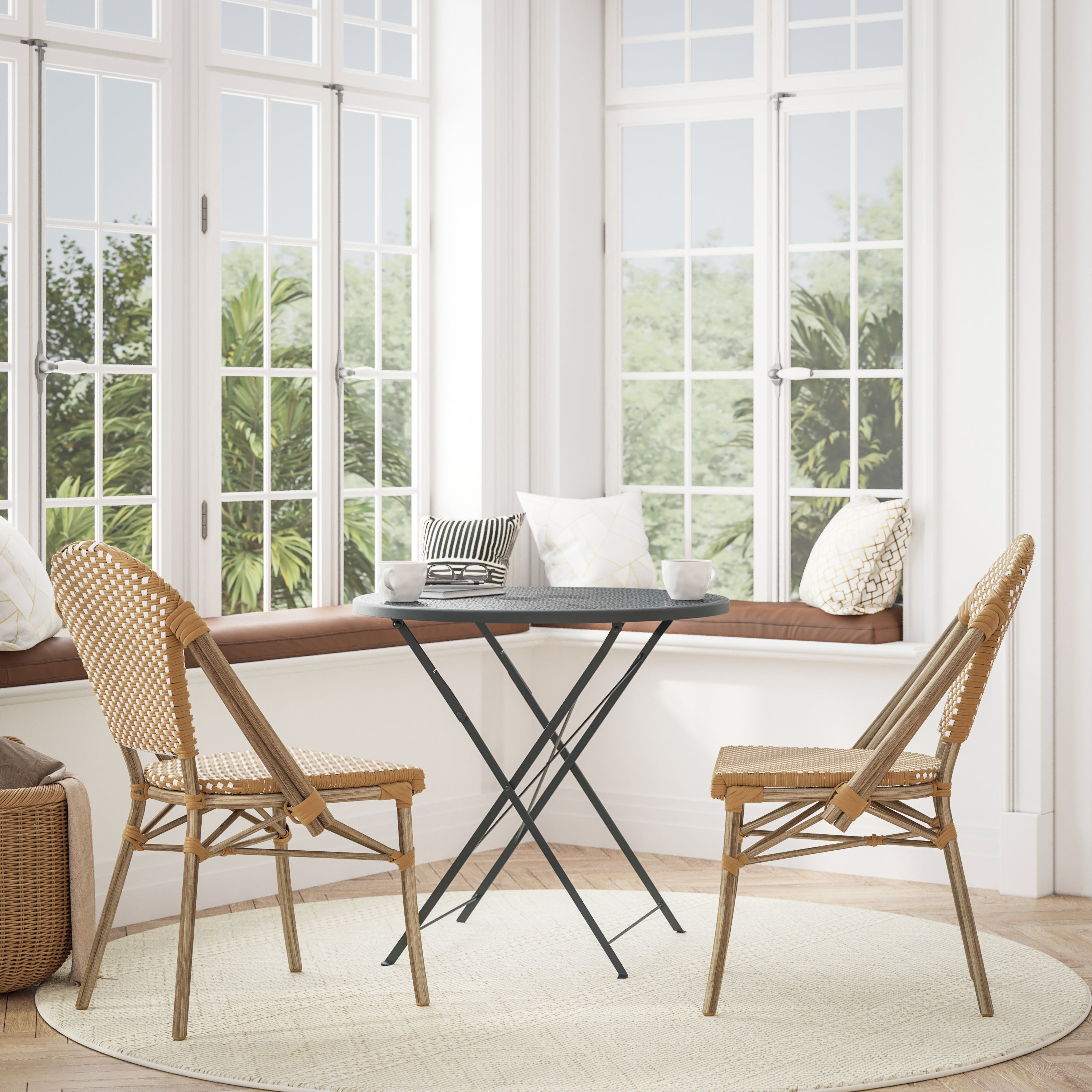 Lourdes Set of 2 Indoor/Outdoor Commercial Bistro Stack Chairs, Natural/White PE Rattan Back & Seat, Bamboo Print Light Natural Aluminum Frame