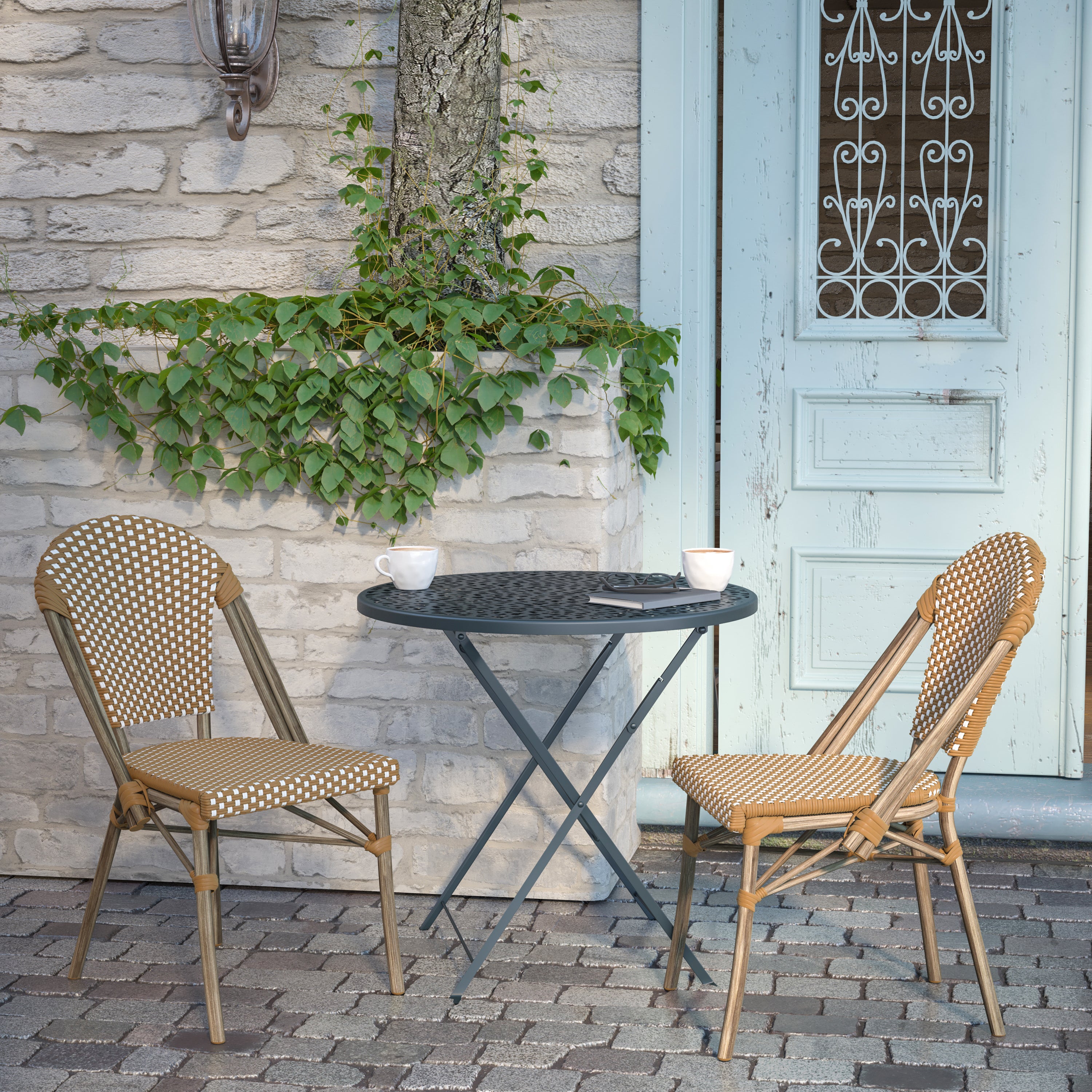 Lourdes Set of 2 Indoor/Outdoor Commercial Bistro Stack Chairs, Natural/White PE Rattan Back & Seat, Bamboo Print Light Natural Aluminum Frame
