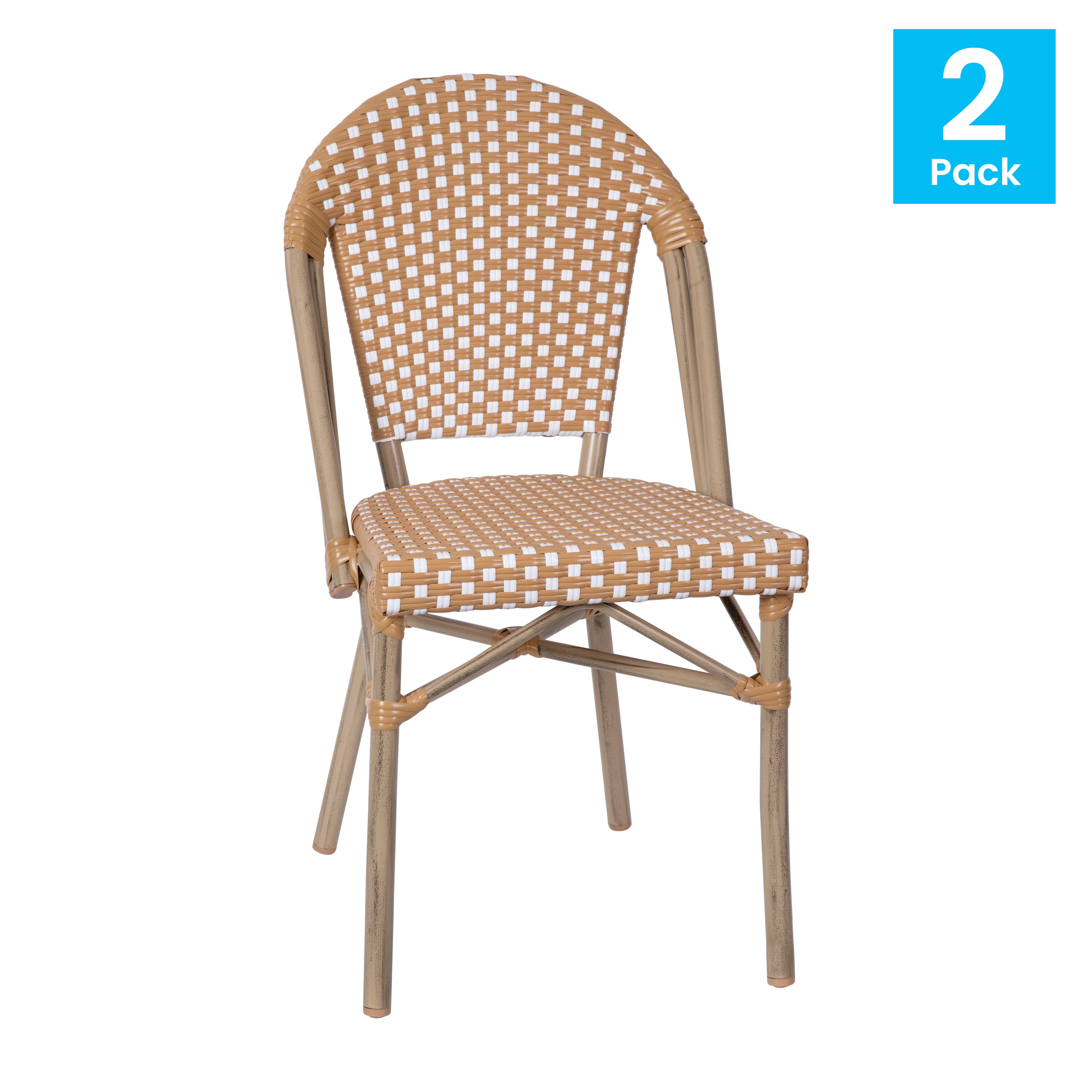 Lourdes Set of 2 Indoor/Outdoor Commercial Bistro Stack Chairs, Natural/White PE Rattan Back & Seat, Bamboo Print Light Natural Aluminum Frame