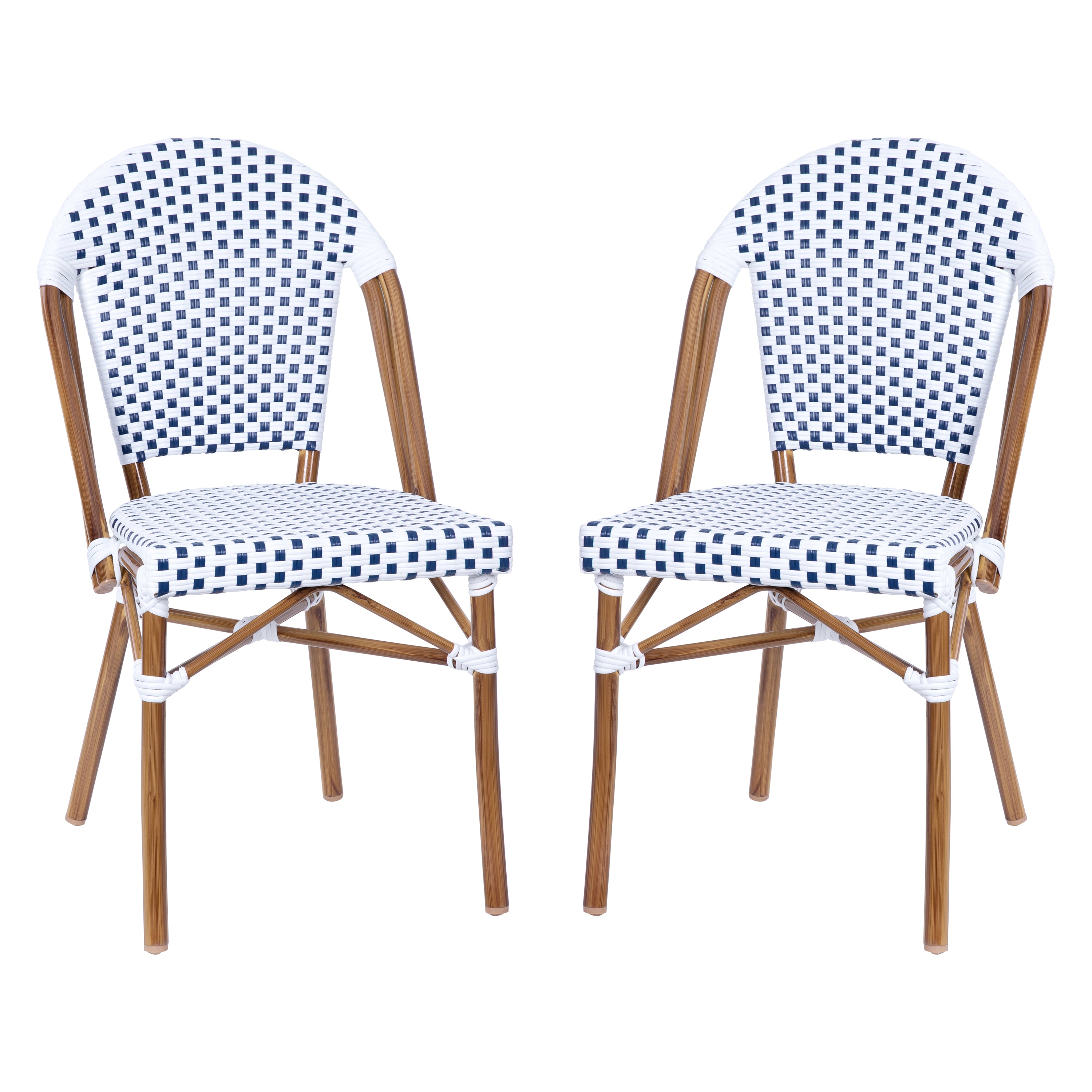 Lourdes Set of 2 Indoor/Outdoor Commercial Bistro Stacking Chair, White/Gray PE Rattan Back and Seat, Bamboo Print Aluminum Frame in Natural