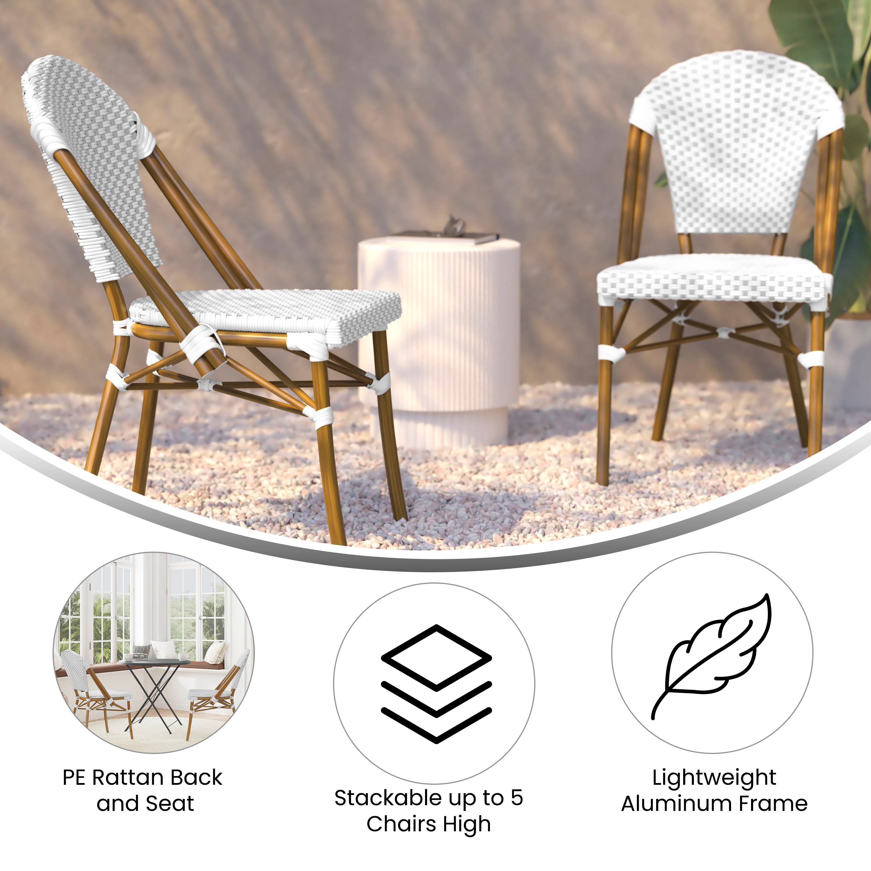 Lourdes Set of 2 Indoor/Outdoor Commercial Bistro Stacking Chair, White/Gray PE Rattan Back and Seat, Bamboo Print Aluminum Frame in Natural