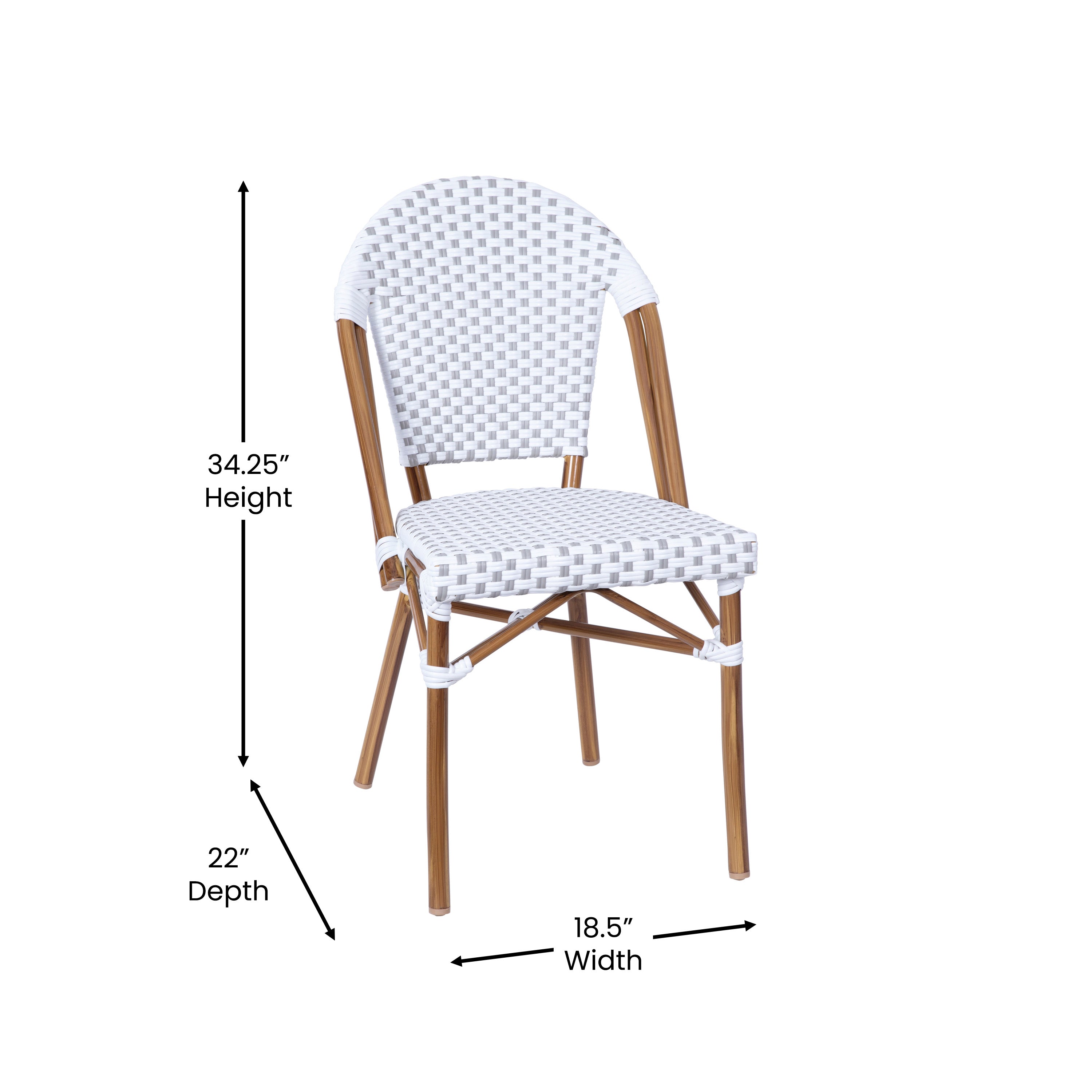 Lourdes Set of 2 Indoor/Outdoor Commercial Bistro Stacking Chair, White/Gray PE Rattan Back and Seat, Bamboo Print Aluminum Frame in Natural