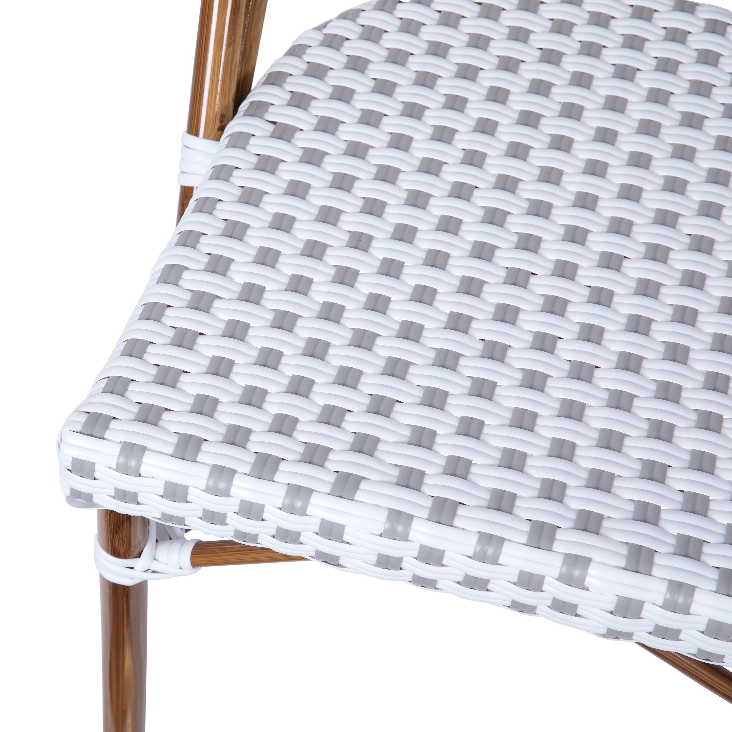 Lourdes Set of 2 Indoor/Outdoor Commercial Bistro Stacking Chair, White/Gray PE Rattan Back and Seat, Bamboo Print Aluminum Frame in Natural