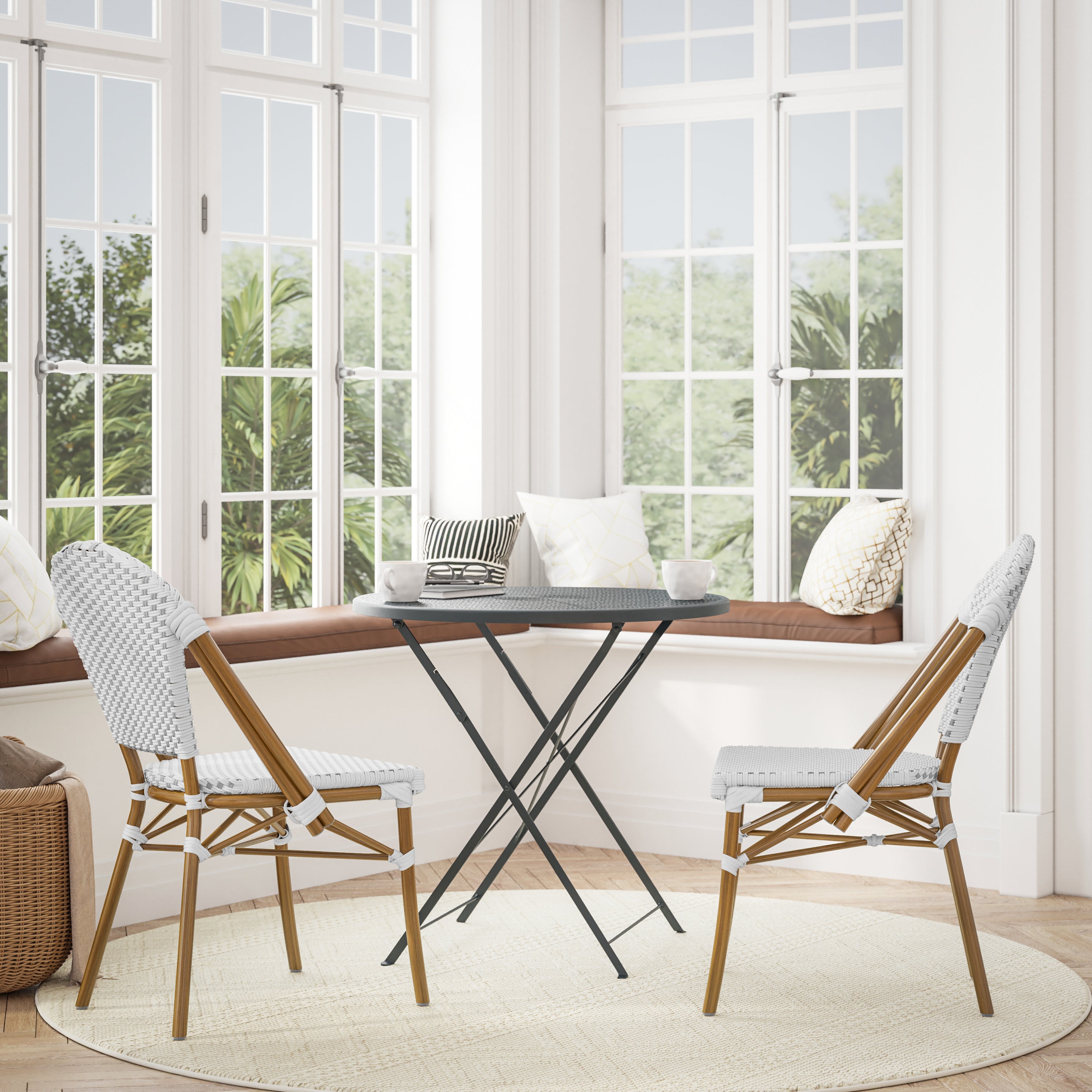 Lourdes Set of 2 Indoor/Outdoor Commercial Bistro Stacking Chair, White/Gray PE Rattan Back and Seat, Bamboo Print Aluminum Frame in Natural