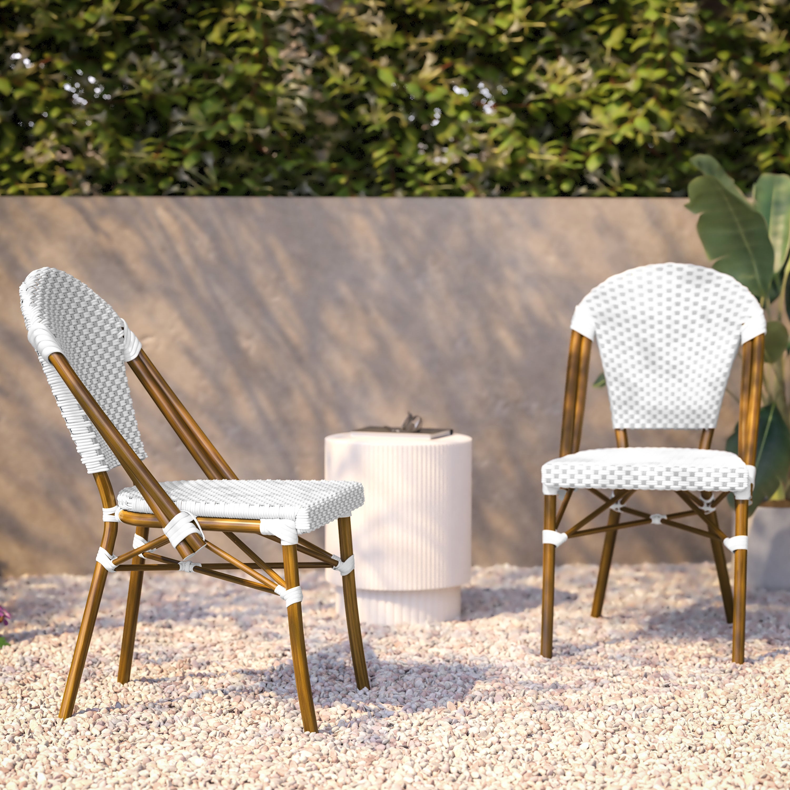 Lourdes Set of 2 Indoor/Outdoor Commercial Bistro Stacking Chair, White/Gray PE Rattan Back and Seat, Bamboo Print Aluminum Frame in Natural