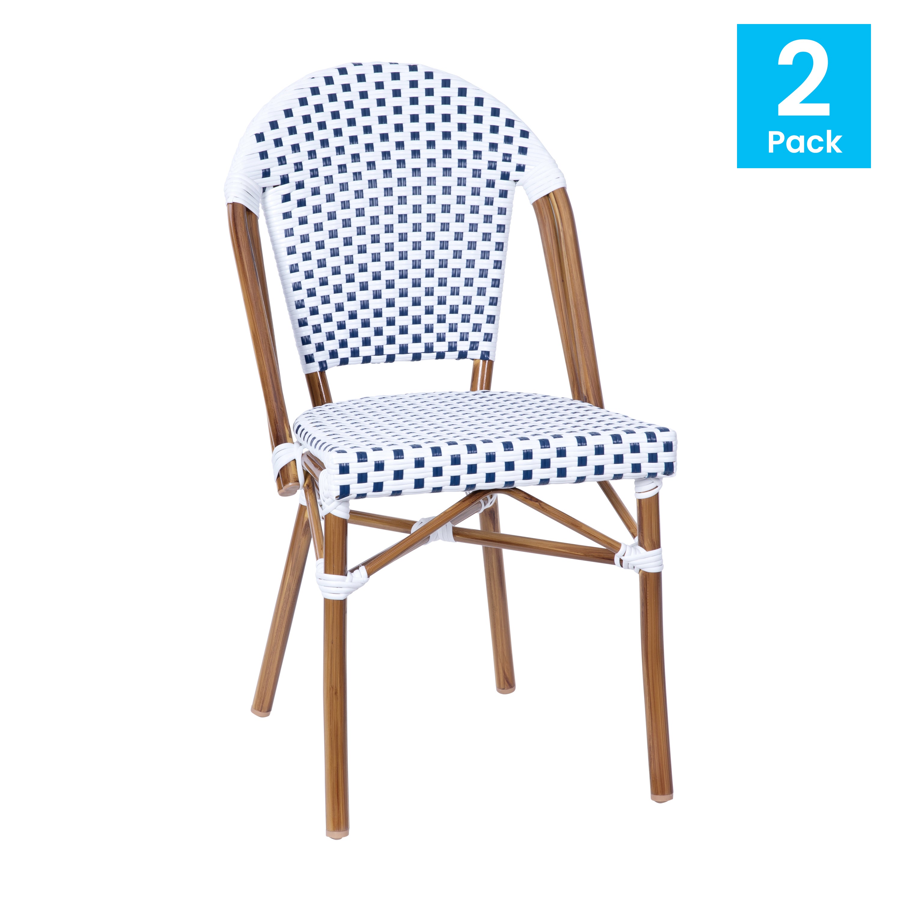 Lourdes Set of 2 Indoor/Outdoor Commercial Bistro Stacking Chair, White/Gray PE Rattan Back and Seat, Bamboo Print Aluminum Frame in Natural