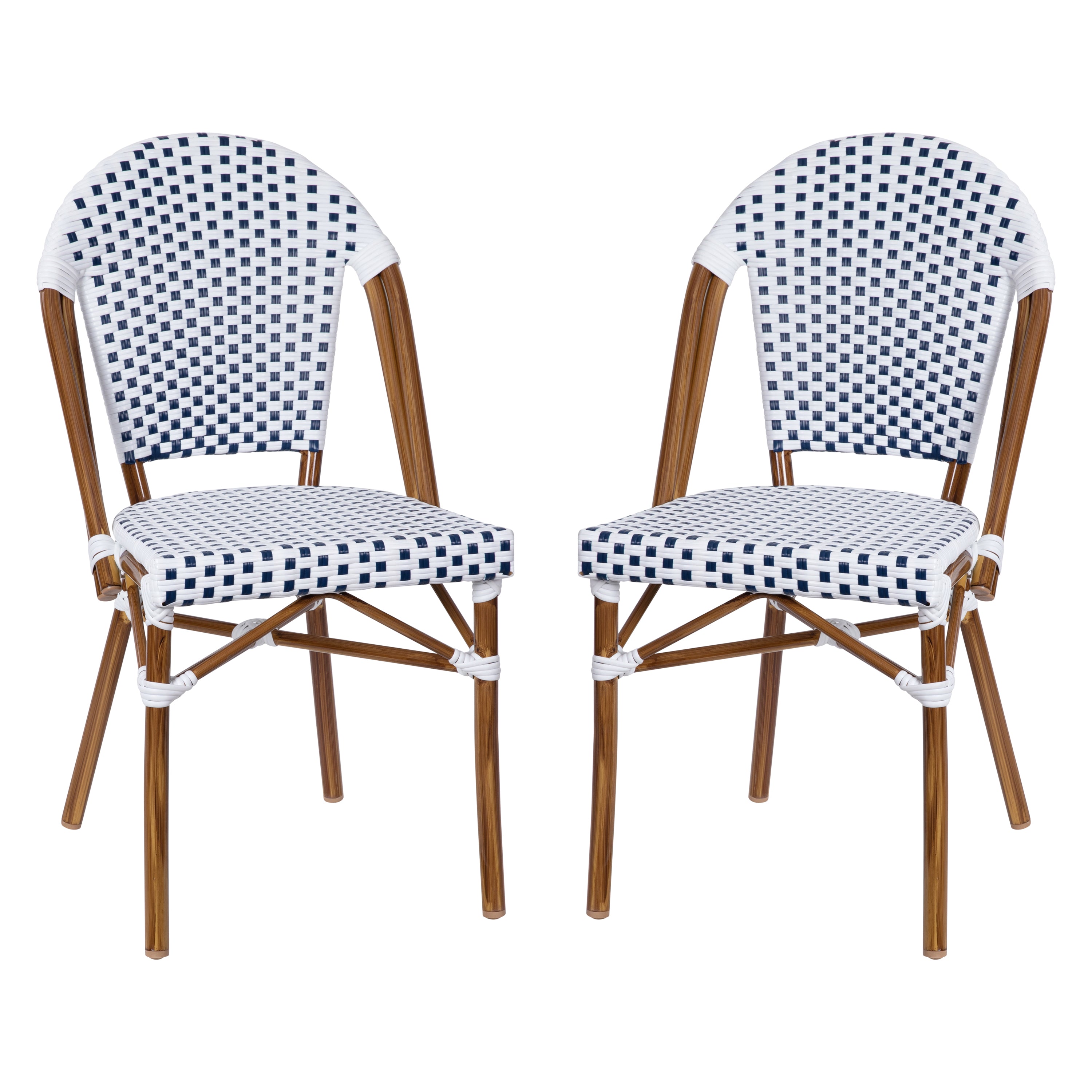 Lourdes Set of 2 Indoor/Outdoor Commercial Bistro Stacking Chair, White/Navy PE Rattan Back and Seat, Bamboo Print Aluminum Frame in Natural