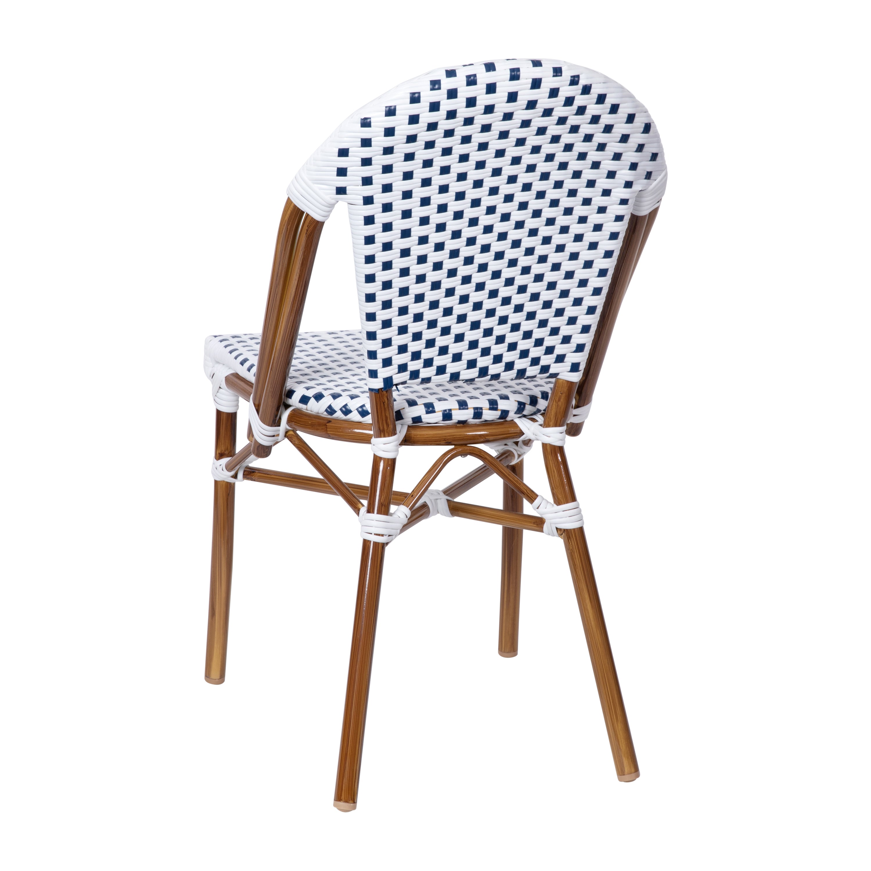Lourdes Set of 2 Indoor/Outdoor Commercial Bistro Stacking Chair, White/Navy PE Rattan Back and Seat, Bamboo Print Aluminum Frame in Natural
