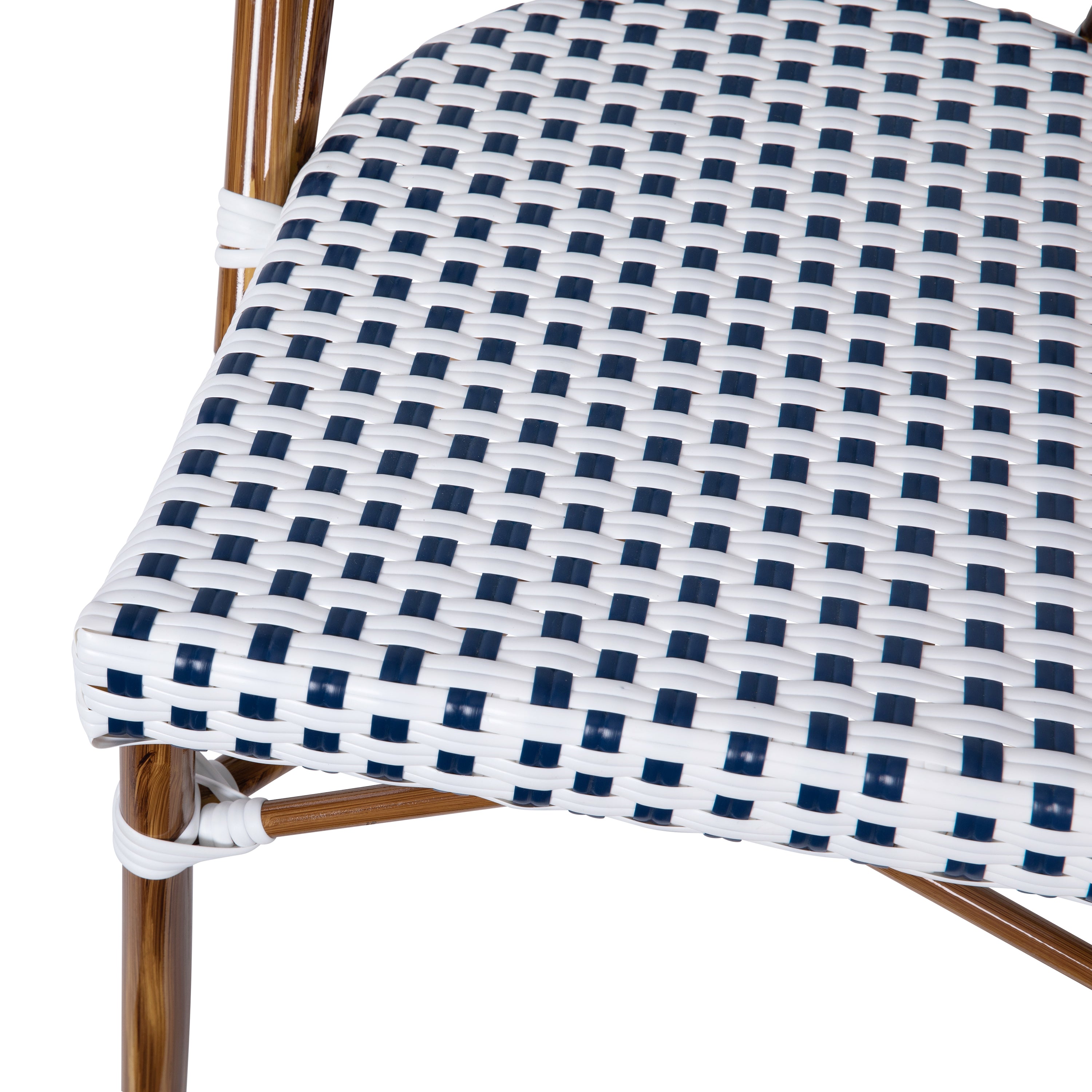 Lourdes Set of 2 Indoor/Outdoor Commercial Bistro Stacking Chair, White/Navy PE Rattan Back and Seat, Bamboo Print Aluminum Frame in Natural
