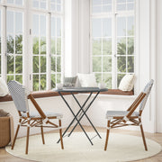 Lourdes Set of 2 Indoor/Outdoor Commercial Bistro Stacking Chair, White/Navy PE Rattan Back and Seat, Bamboo Print Aluminum Frame in Natural