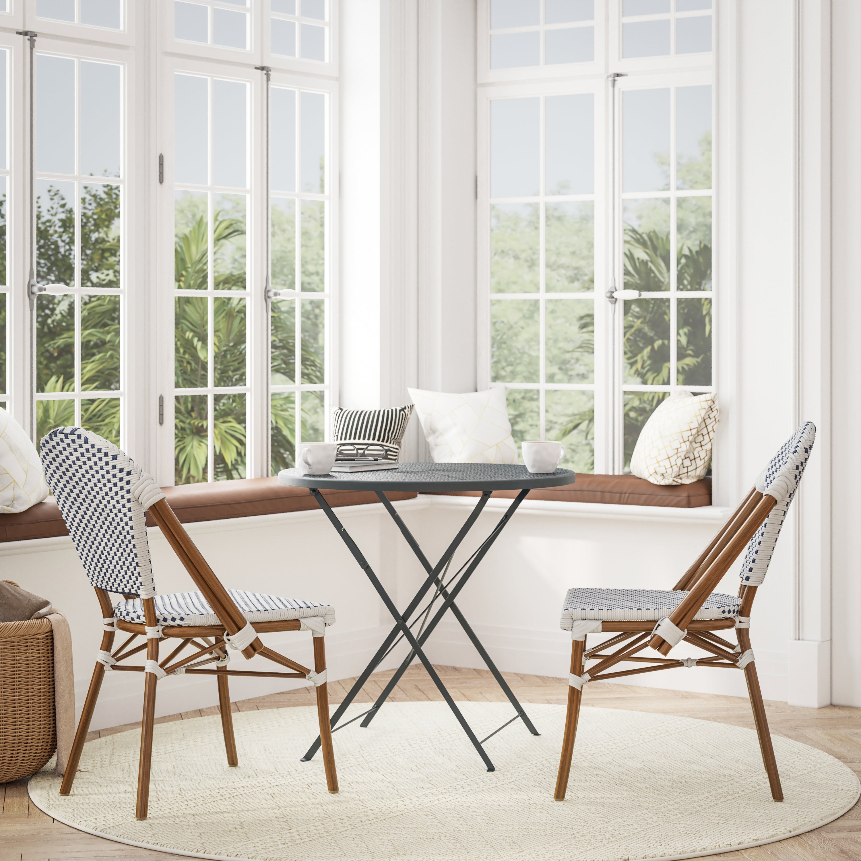 Lourdes Set of 2 Indoor/Outdoor Commercial Bistro Stacking Chair, White/Navy PE Rattan Back and Seat, Bamboo Print Aluminum Frame in Natural