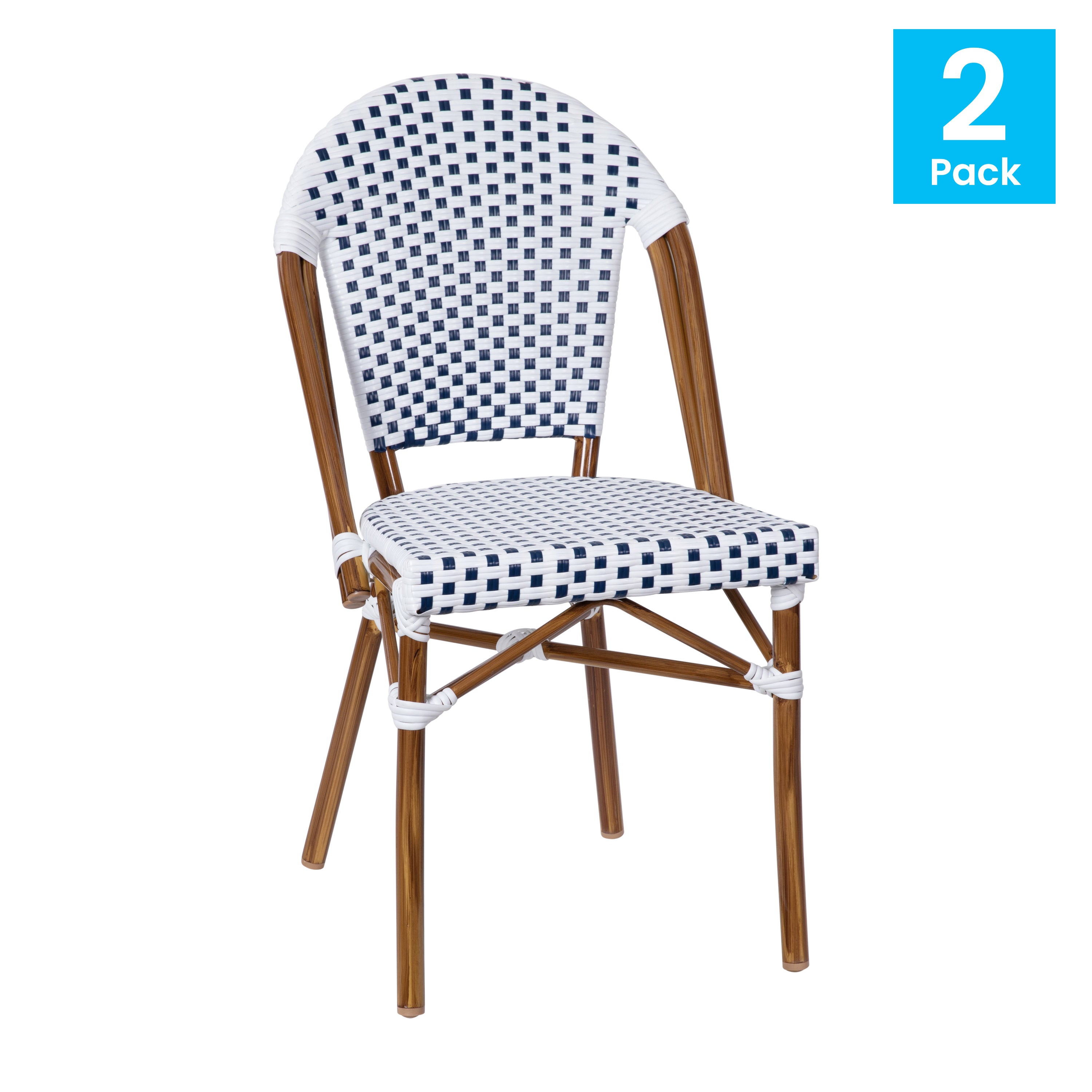 Lourdes Set of 2 Indoor/Outdoor Commercial Bistro Stacking Chair, White/Navy PE Rattan Back and Seat, Bamboo Print Aluminum Frame in Natural