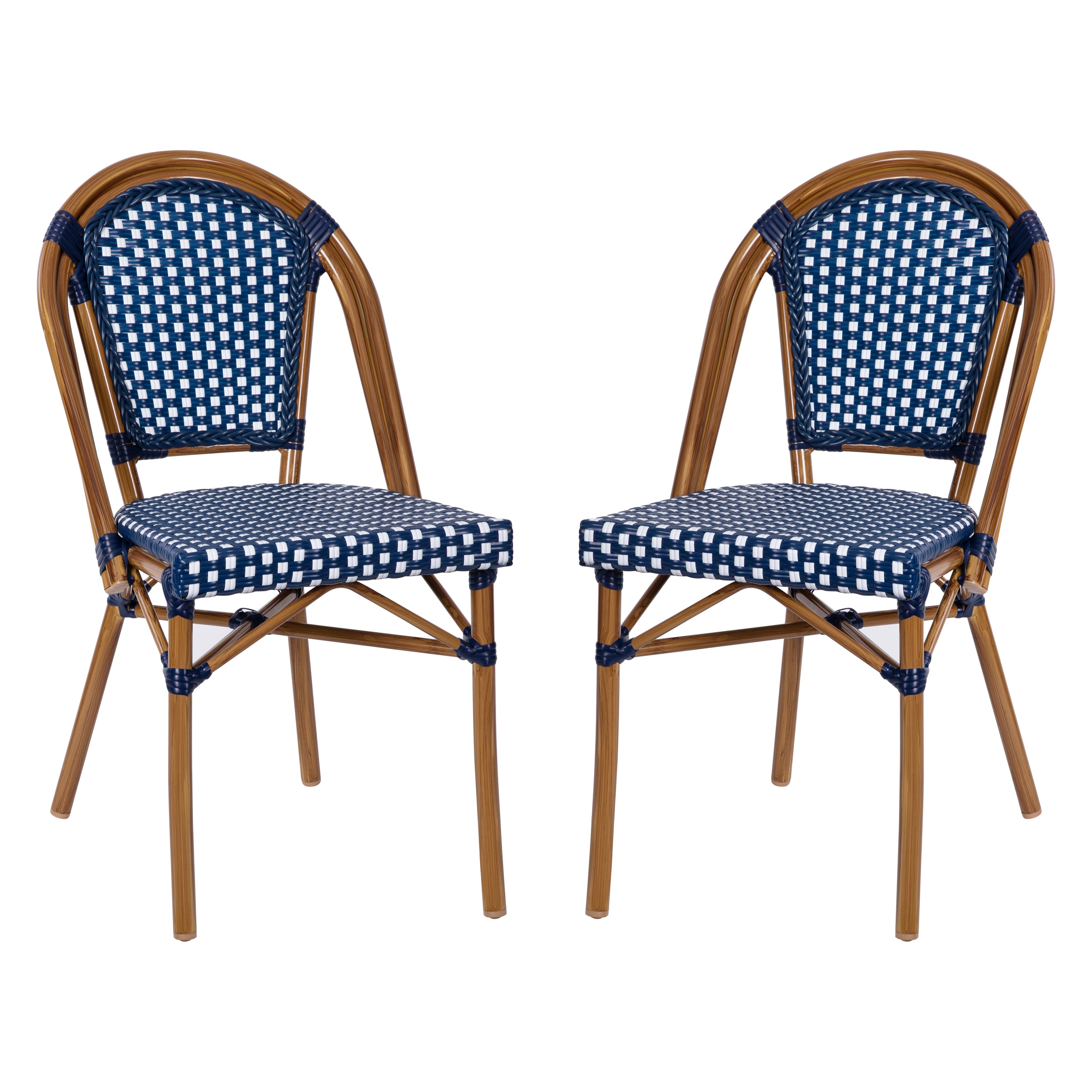 Bordeaux Set of 2 Indoor/Outdoor Commercial Bistro Stacking Chairs, Navy/White PE Rattan Back and Seat, Bamboo Print Aluminum Frame in Natural