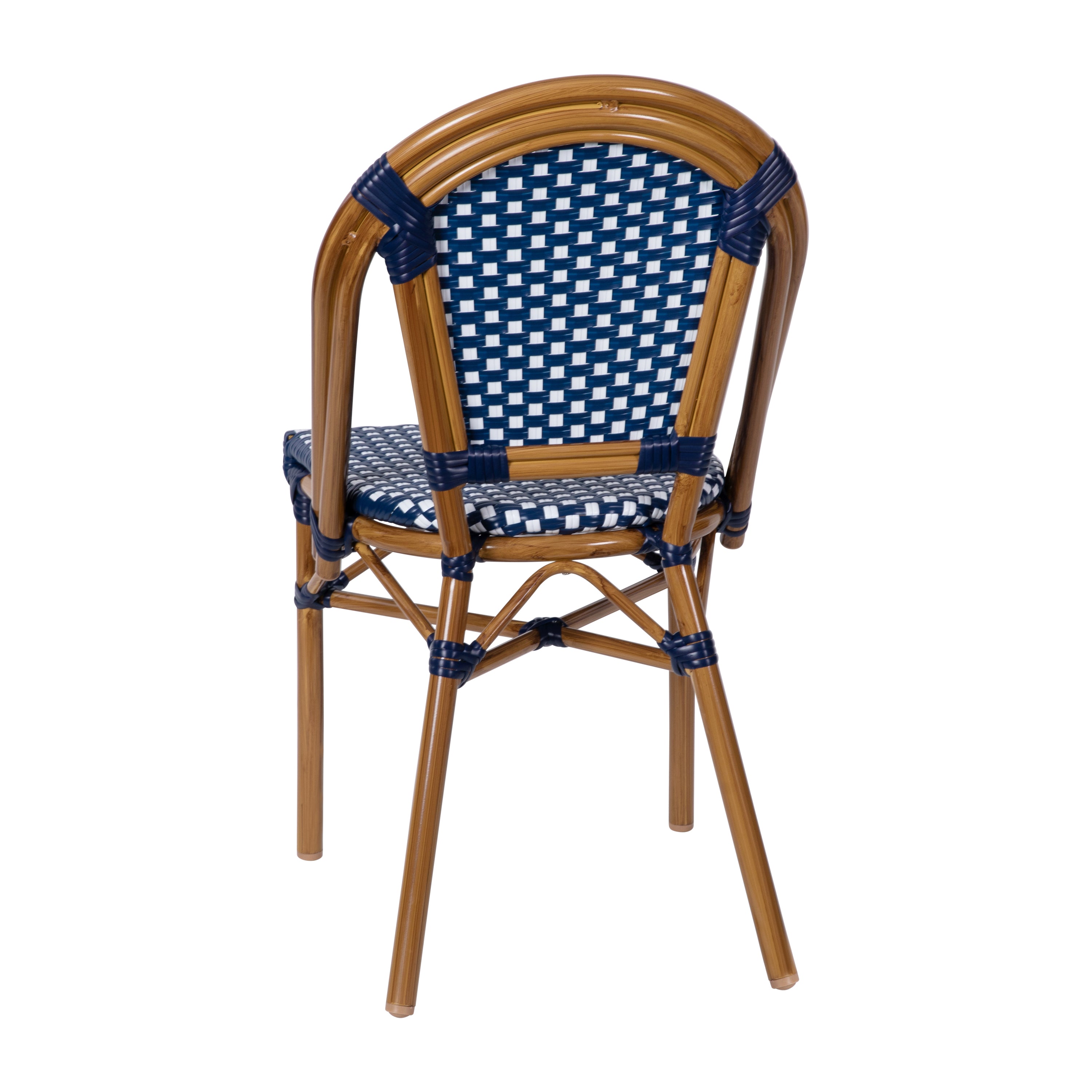 Bordeaux Set of 2 Indoor/Outdoor Commercial Bistro Stacking Chairs, Navy/White PE Rattan Back and Seat, Bamboo Print Aluminum Frame in Natural