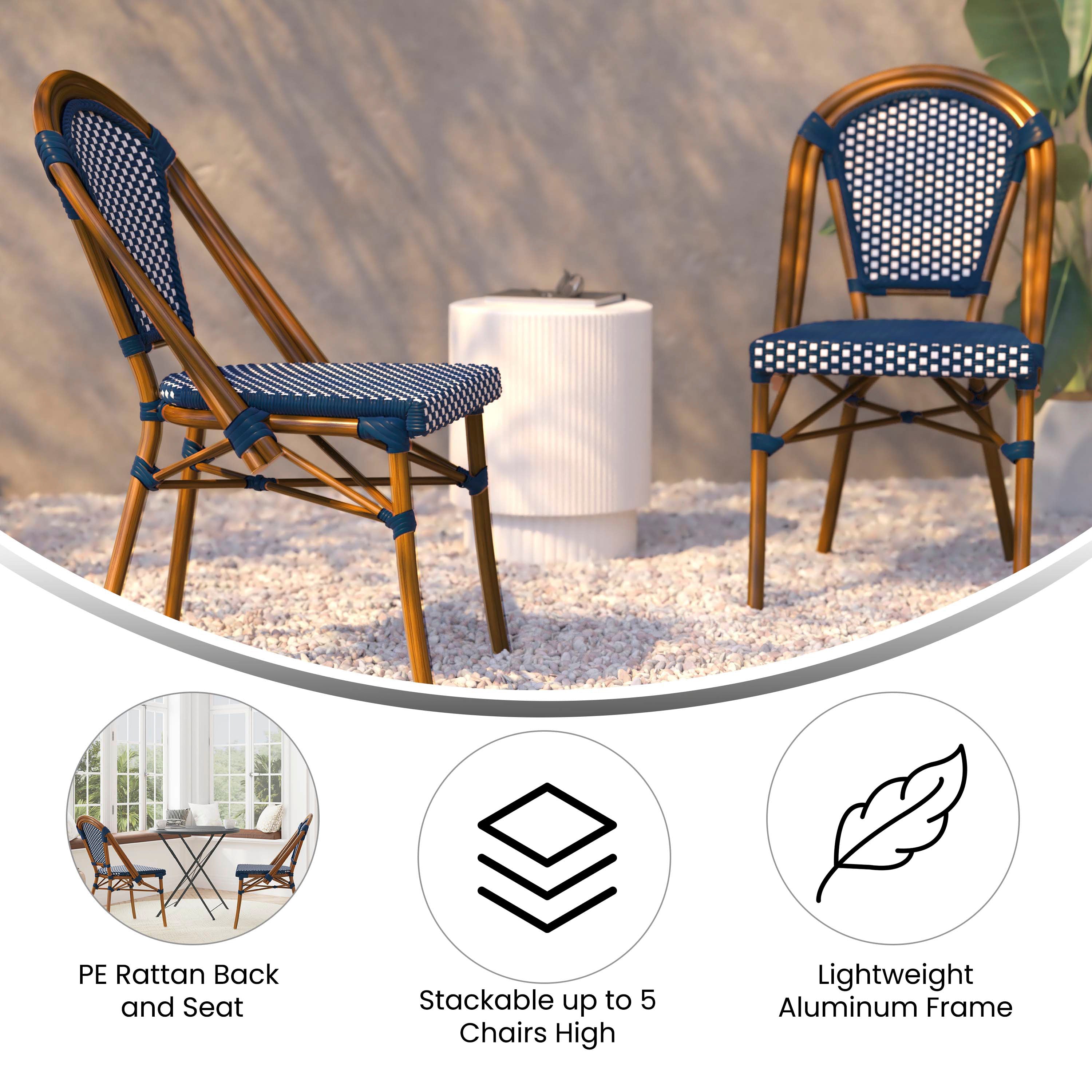 Bordeaux Set of 2 Indoor/Outdoor Commercial Bistro Stacking Chairs, Navy/White PE Rattan Back and Seat, Bamboo Print Aluminum Frame in Natural