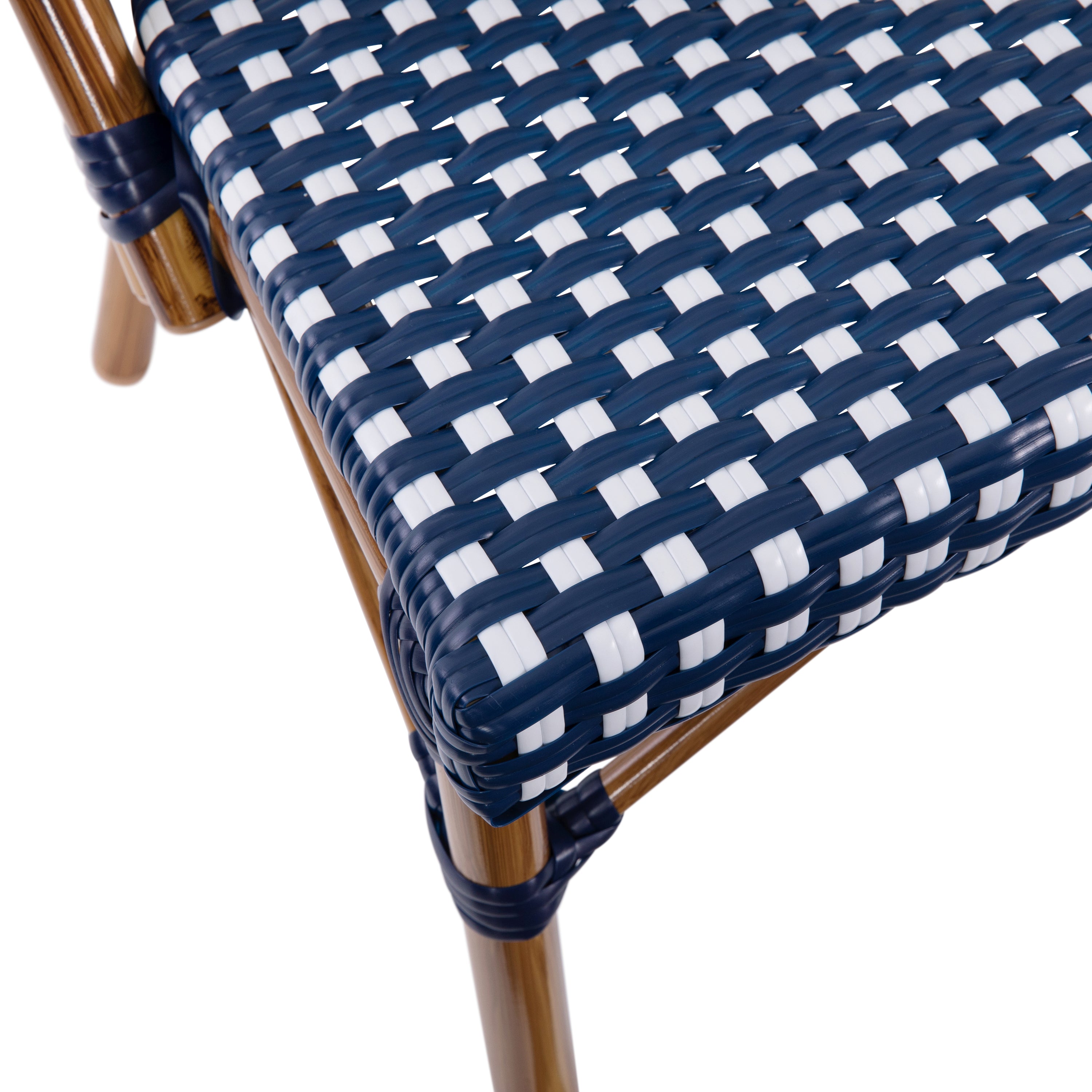 Bordeaux Set of 2 Indoor/Outdoor Commercial Bistro Stacking Chairs, Navy/White PE Rattan Back and Seat, Bamboo Print Aluminum Frame in Natural