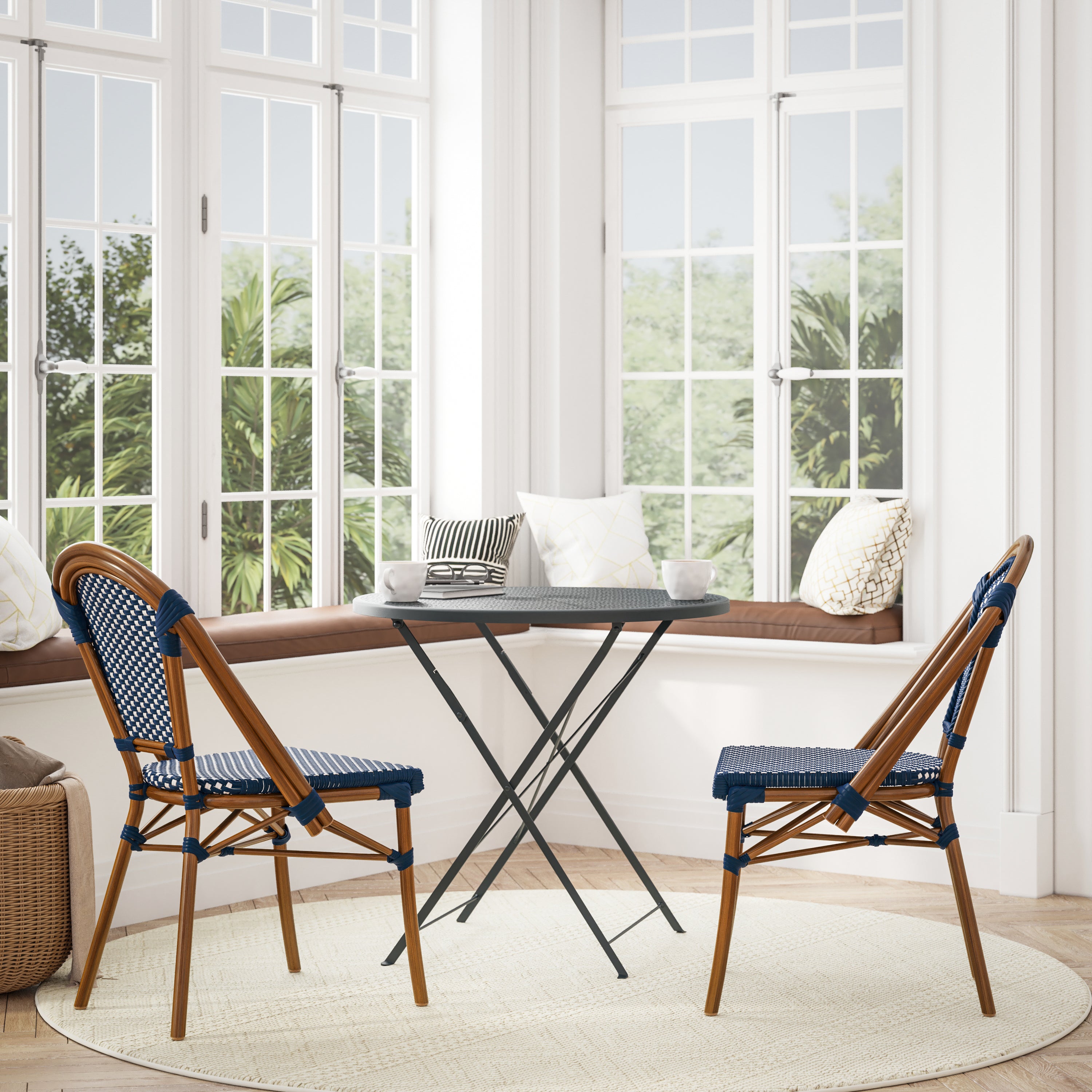 Bordeaux Set of 2 Indoor/Outdoor Commercial Bistro Stacking Chairs, Navy/White PE Rattan Back and Seat, Bamboo Print Aluminum Frame in Natural