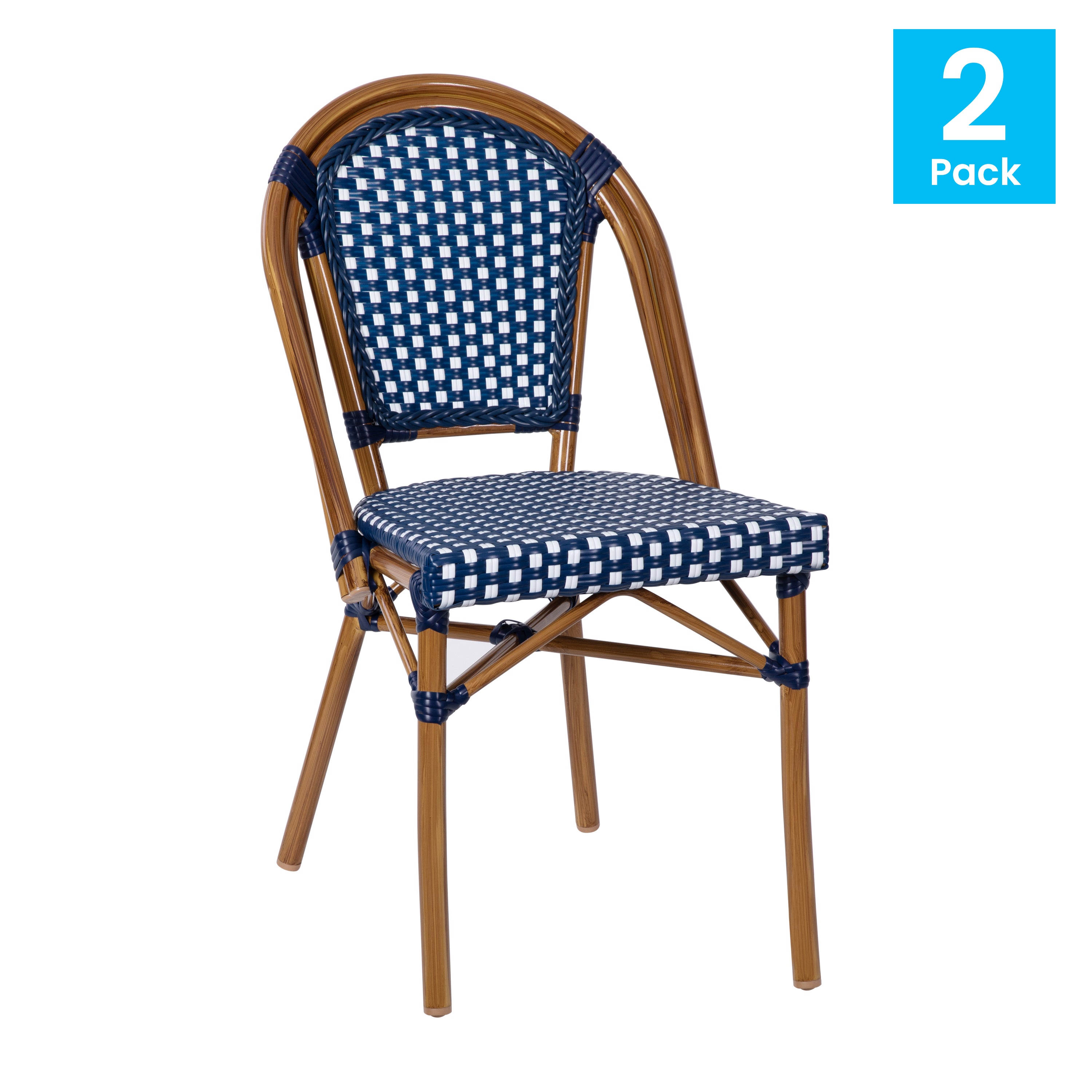 Bordeaux Set of 2 Indoor/Outdoor Commercial Bistro Stacking Chairs, Navy/White PE Rattan Back and Seat, Bamboo Print Aluminum Frame in Natural