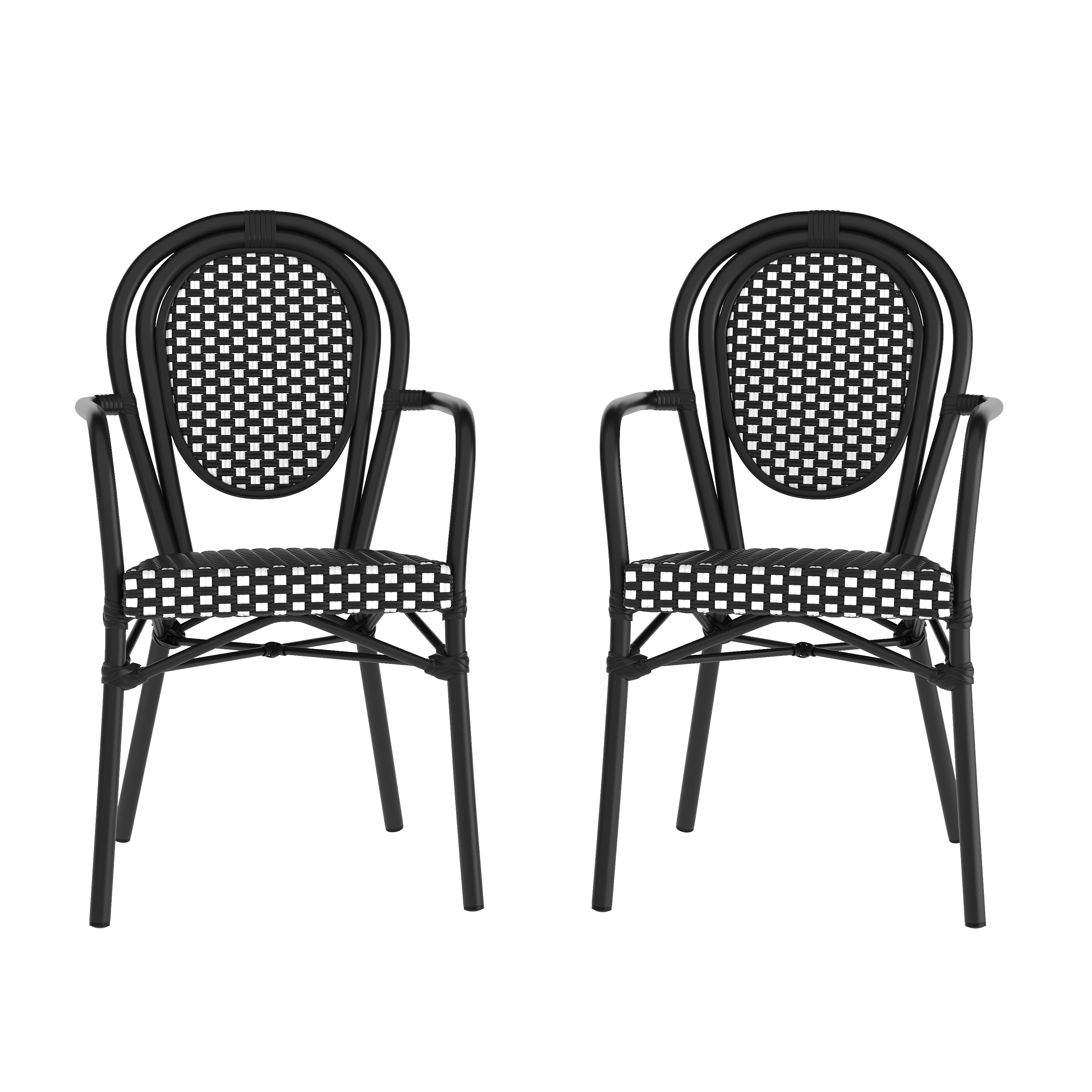 2 Pack Lourdes Indoor/Outdoor Commercial Thonet Bistro Stacking Chair with Arms, Black and White PE Rattan and Black Aluminum Frame