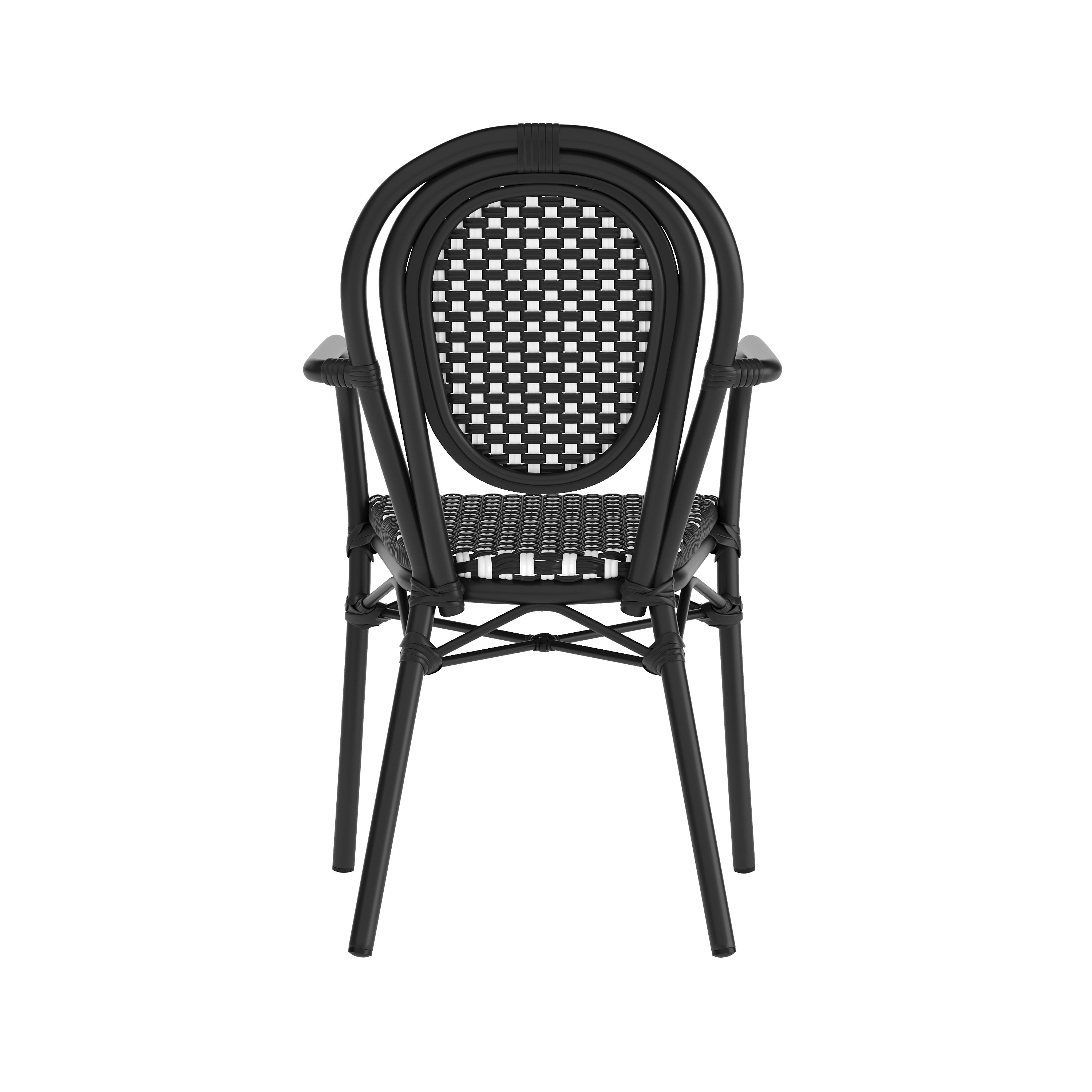 2 Pack Lourdes Indoor/Outdoor Commercial Thonet Bistro Stacking Chair with Arms, Black and White PE Rattan and Black Aluminum Frame