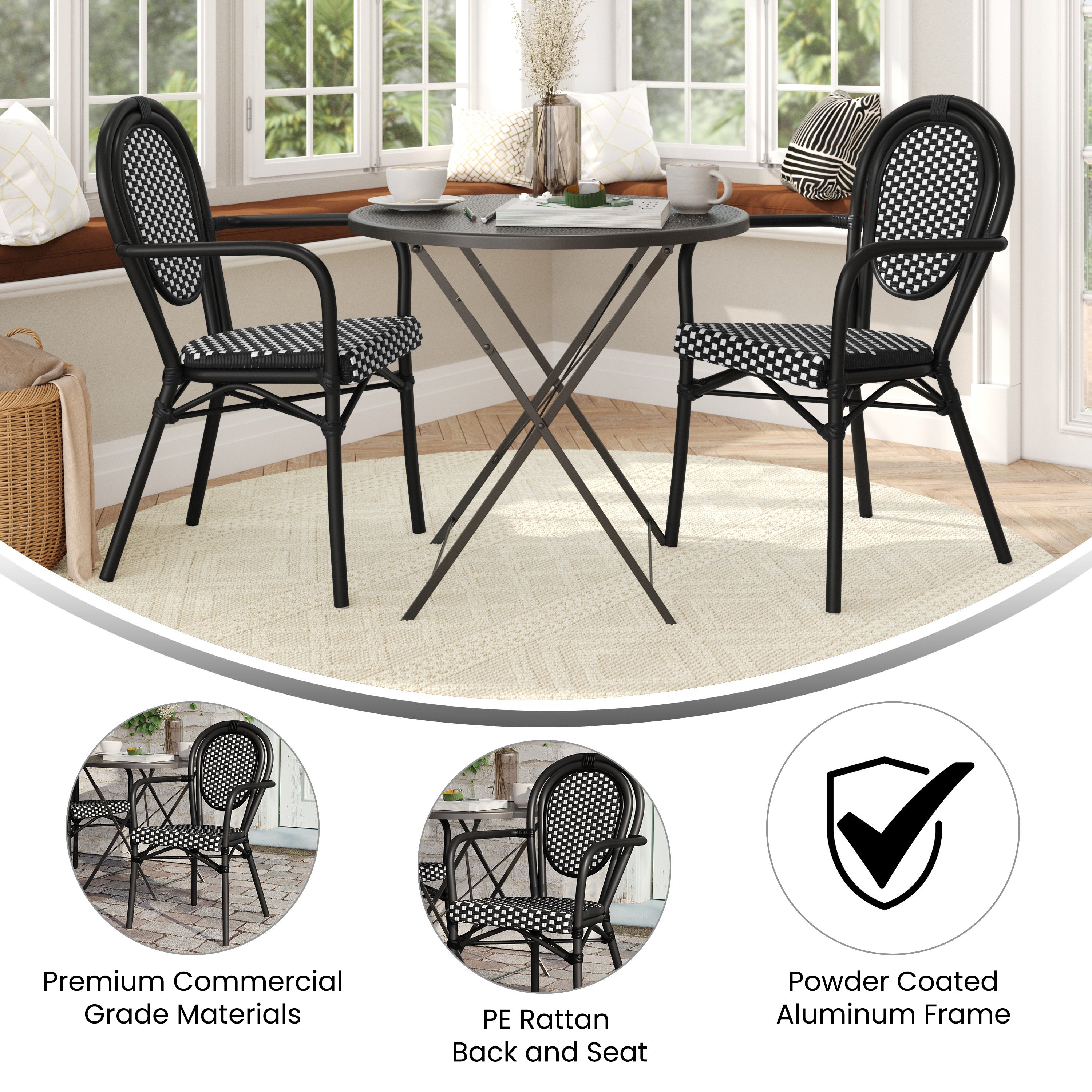2 Pack Lourdes Indoor/Outdoor Commercial Thonet Bistro Stacking Chair with Arms, Black and White PE Rattan and Black Aluminum Frame