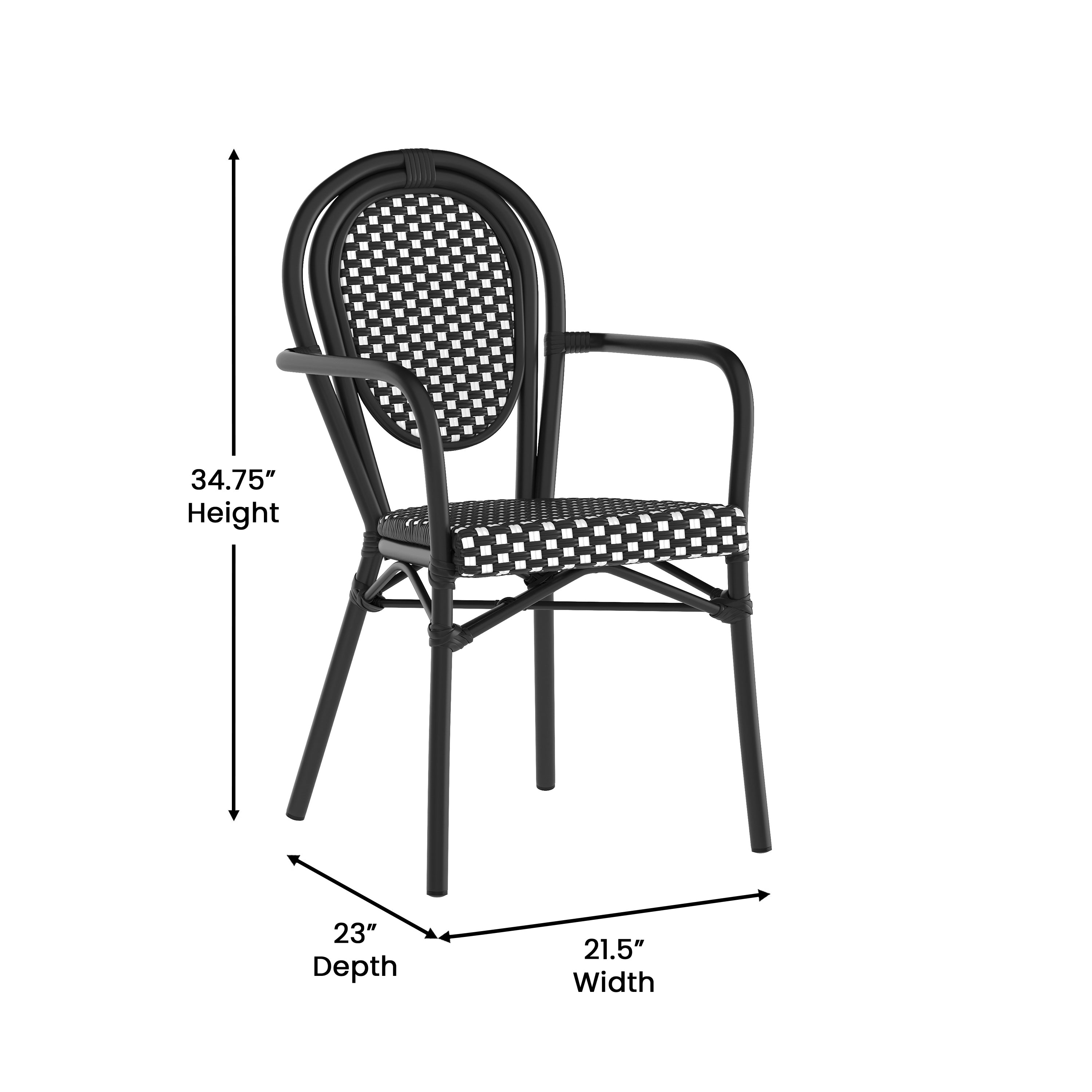 2 Pack Lourdes Indoor/Outdoor Commercial Thonet Bistro Stacking Chair with Arms, Black and White PE Rattan and Black Aluminum Frame